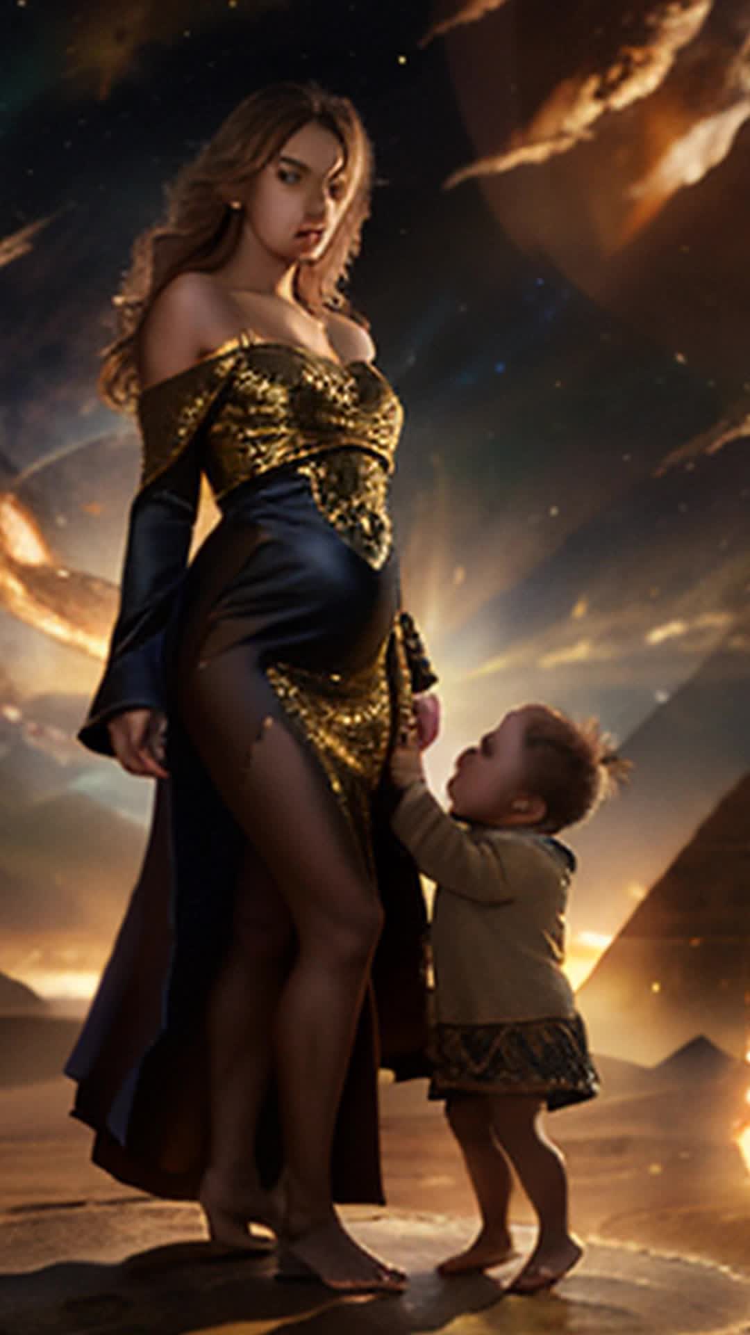 Woman in matching regal attire, swiftly handing baby to man, prepared stance, celestial domain defense, galaxies overhead, floating pyramids background, highly detailed