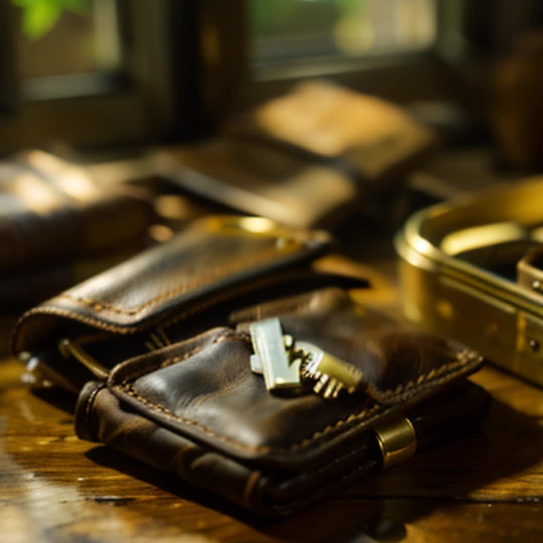 Elegant handcrafted leather key holder wallet opening and revealing neatly organized keys and cards close up rustic wooden table with soft morning light streaming through a nearby window