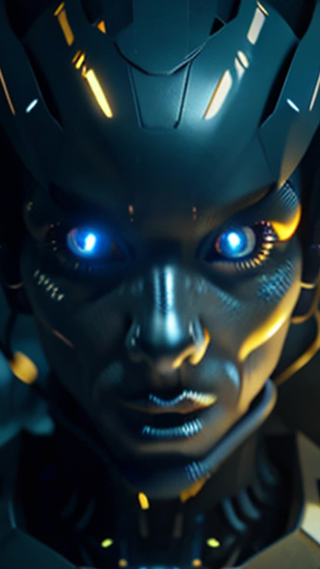 Infused robot with glowing bright blue eyes, awakens with sparks flying, close up, dark factory setting