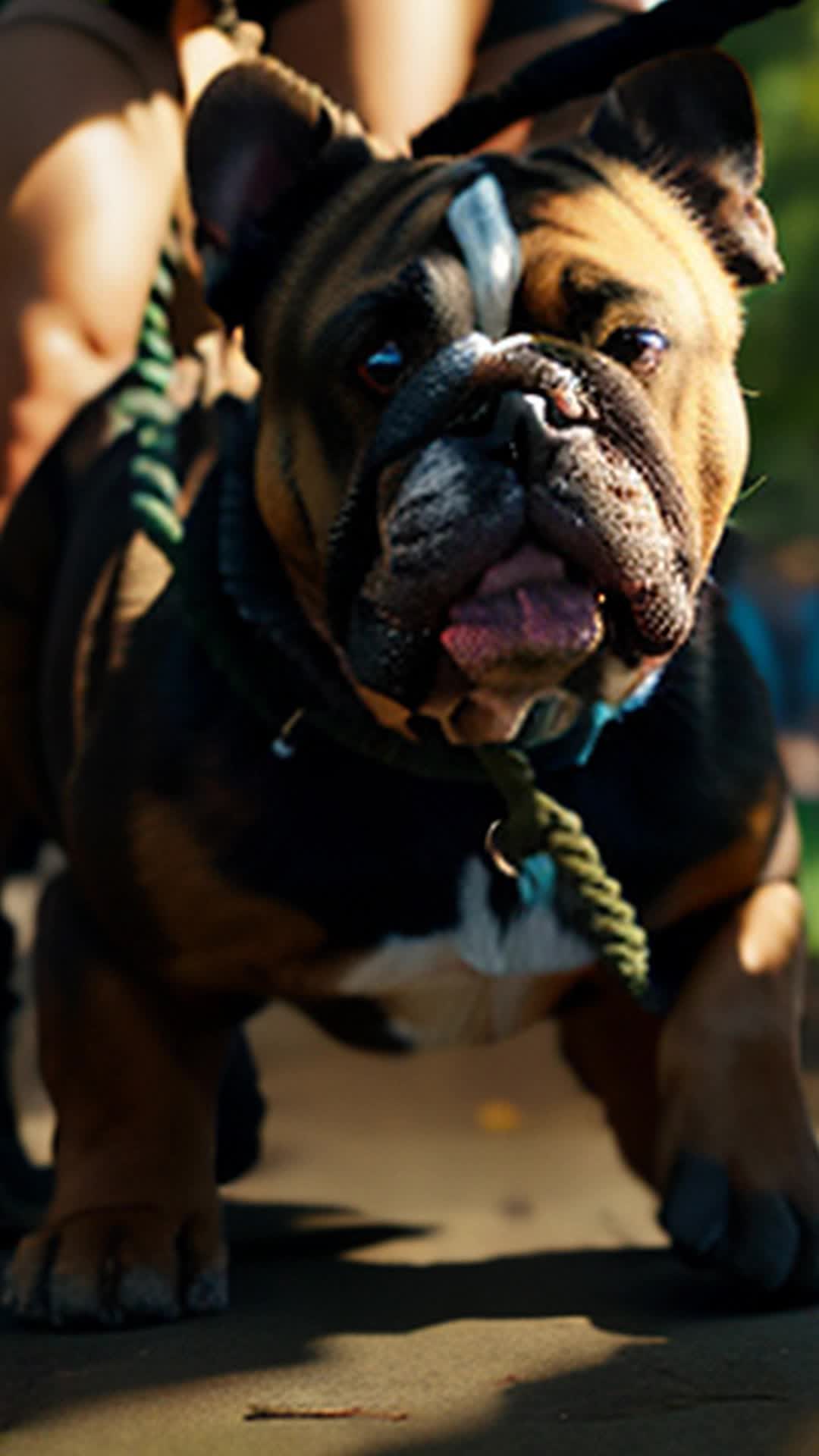 Burly Bulldog gripping tug-of-war rope, muscles bulging in display of canine strength, close up, excited onlookers marveling in a bustling park