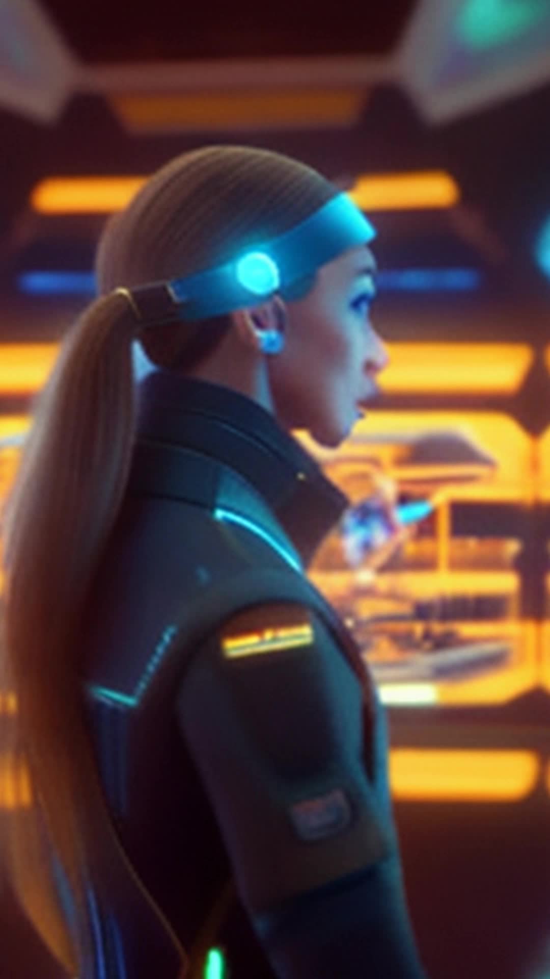 Emily in futuristic attire swiftly navigating multiple holographic screens wide angle bustling high-tech command center