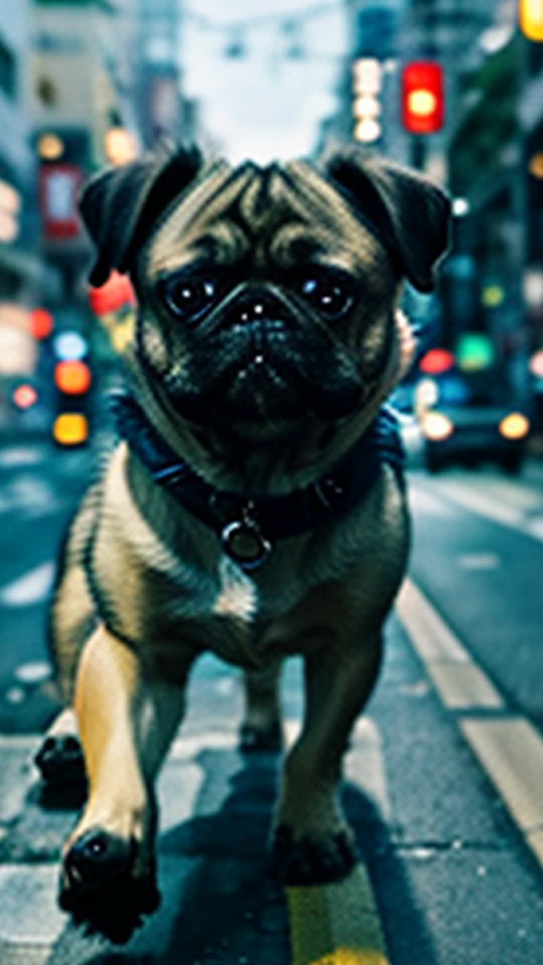 Small pug Gigi swiftly weaving through Tokyo streets dodging pedestrians cyclists wide angle bustling cityscape