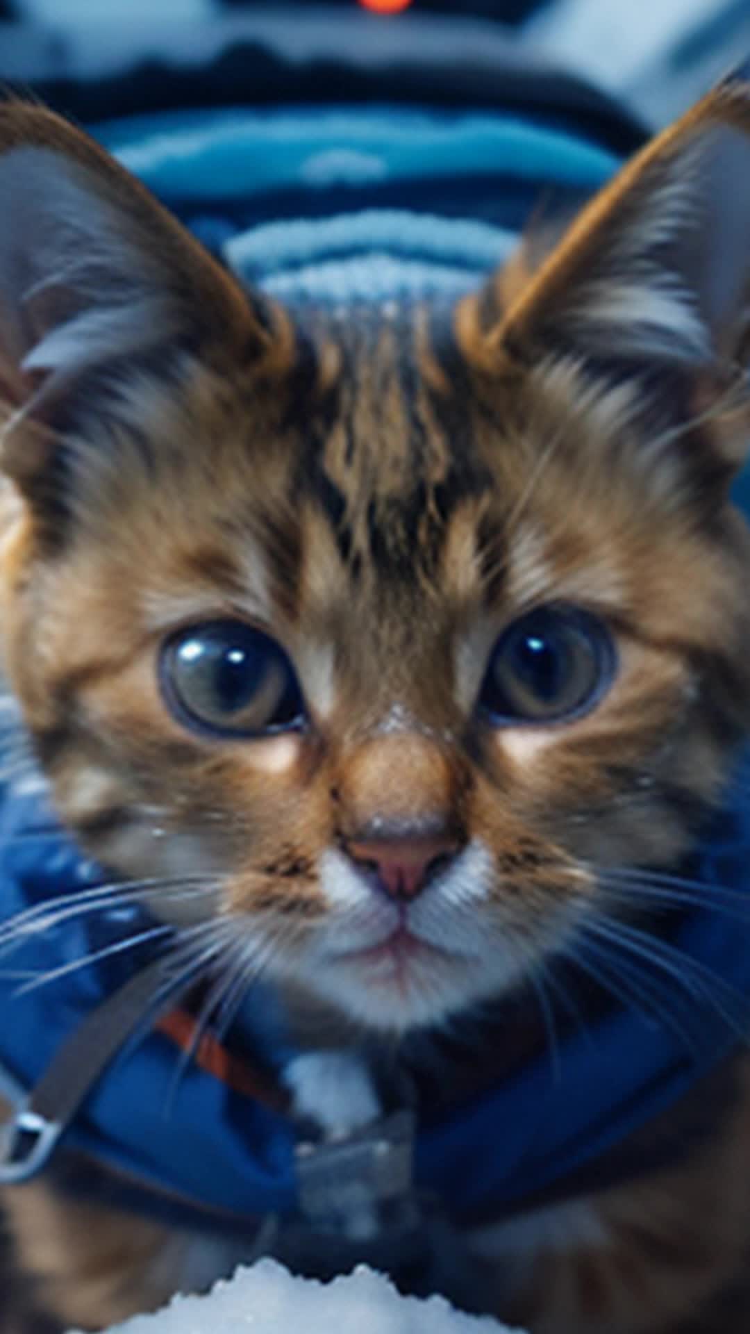 Curious kitten Milo wriggles deeper into backpack wide-eyed with wonder close up rumbling train through snowy Swiss Alps