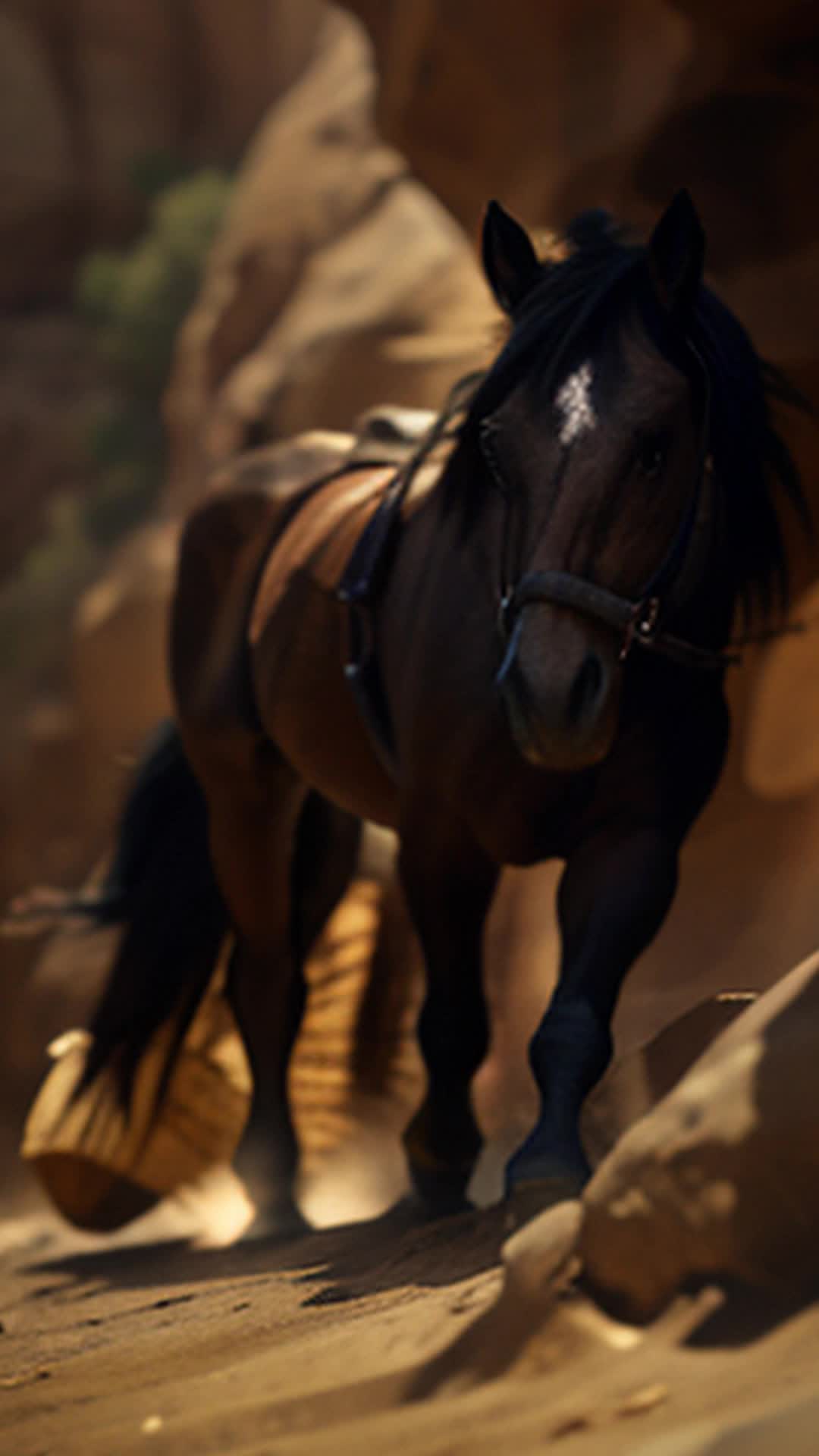 Weary horse, hooves pounding rhythmically like a drum, close up, Henry's intense focus and determination visible, background of echoing canyon walls under harsh sunlight