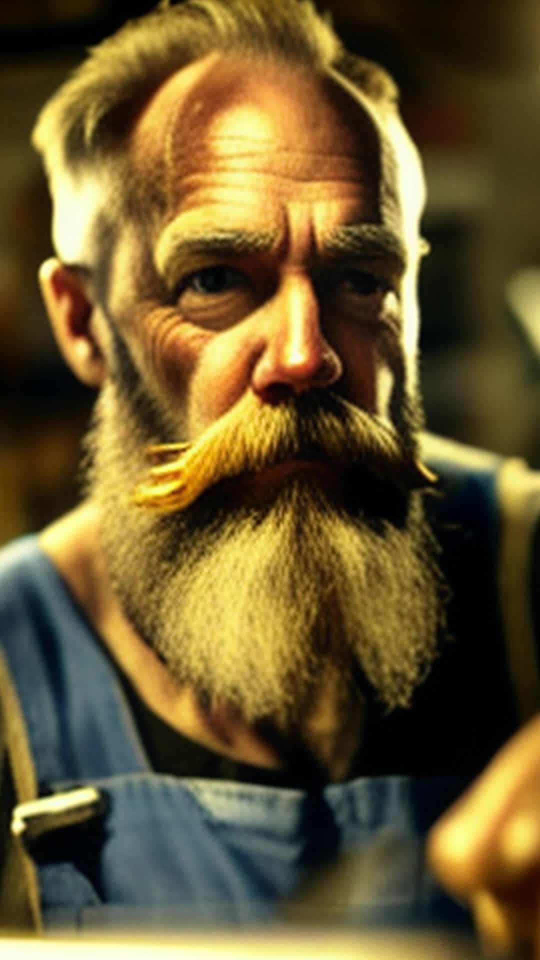 Seasoned mechanic Joe smeared in grease precision-trims beard close up dimly lit workshop