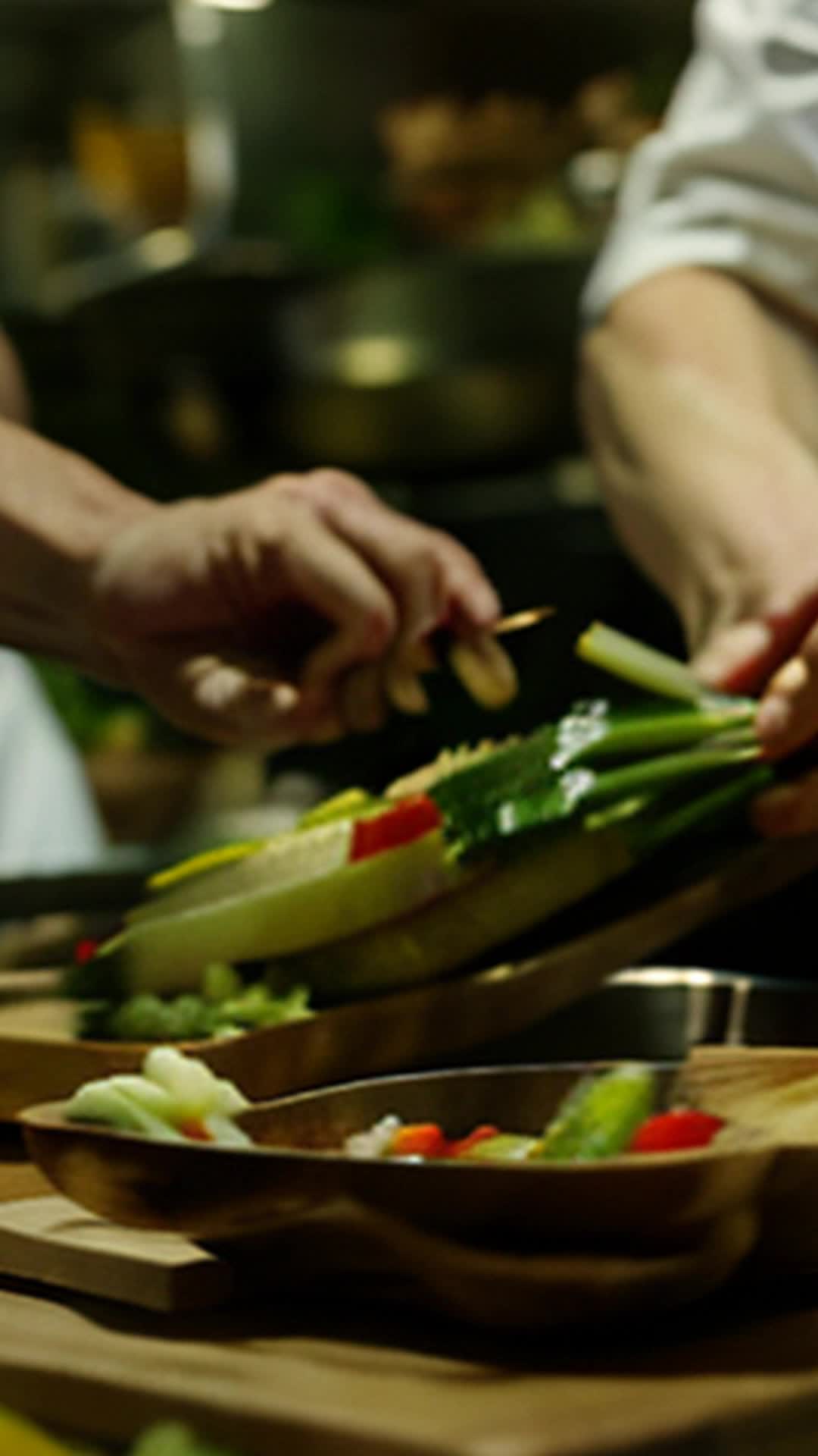 Close-up of Leo's hands, swiftly dicing onions and peppers, weaving through competitors in bustling kitchen, wide angle, dynamic culinary competition setting