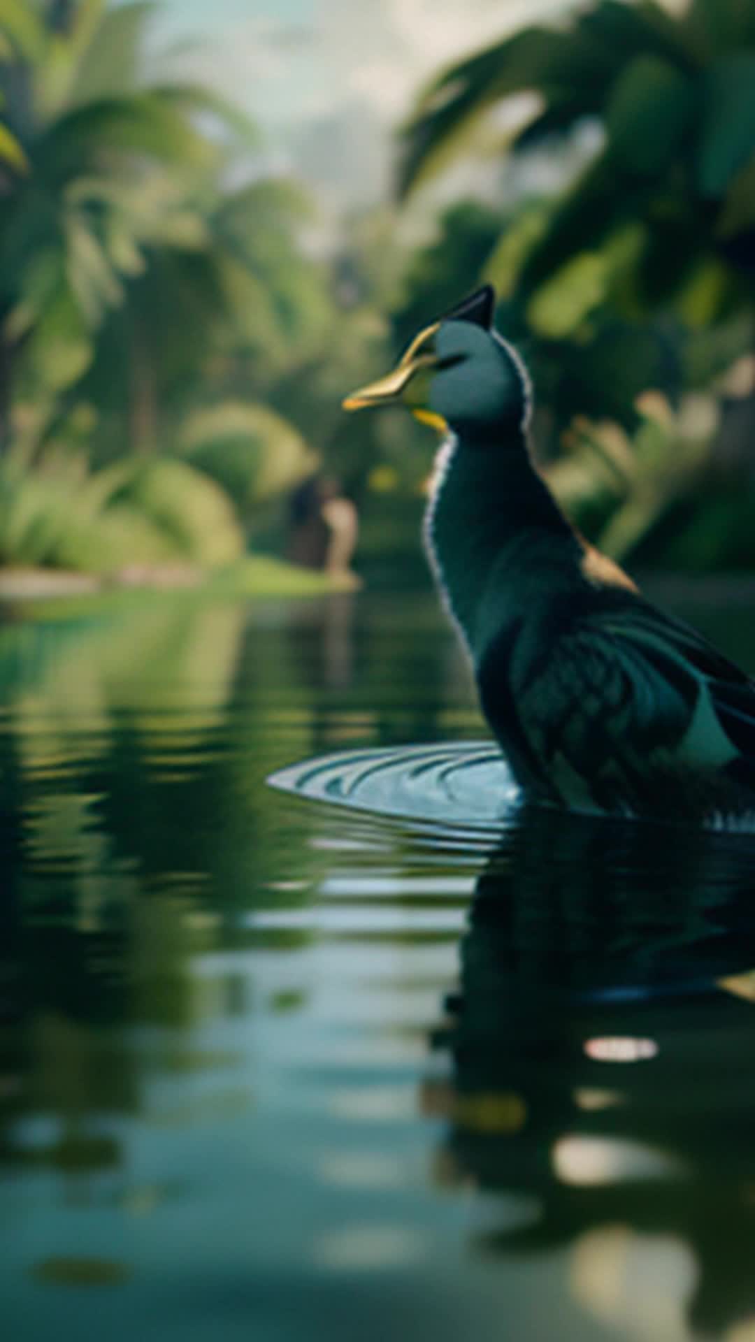 Triumphant cat Paws sails navigates past curious ducks waving reeds masters aquatic domain fpv expansive pond surrounded by lush greenery and reeds