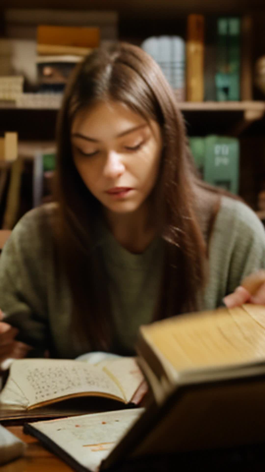 Mysterious ancient planner, self-organizing pages, Sarah writes tasks, tasks rearrange themselves, close up, Sarah's amazed expression, cozy, cluttered home office with pottery pieces on shelves