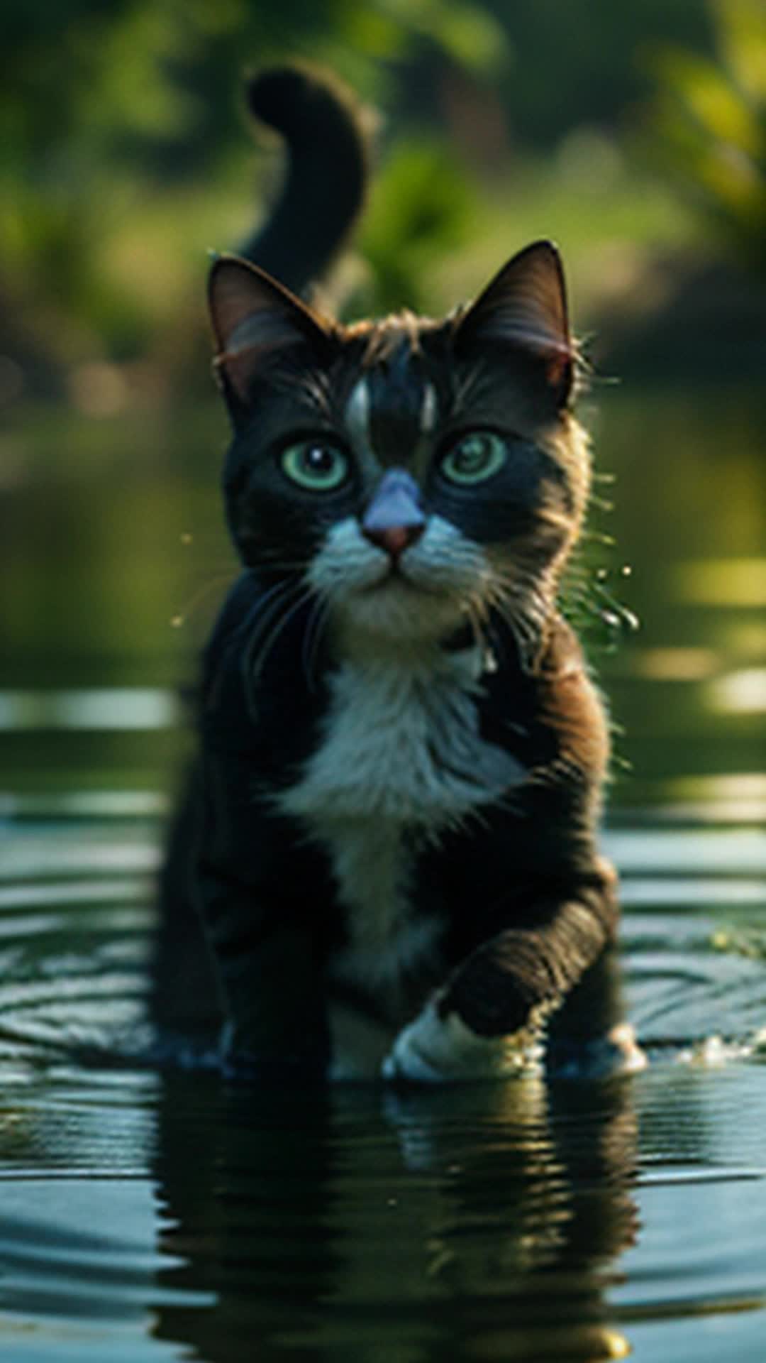 Adventurous cat Paws pounces dodges playful water frog leaping with splash wide angle vibrant pond surface with ripples and splashing water