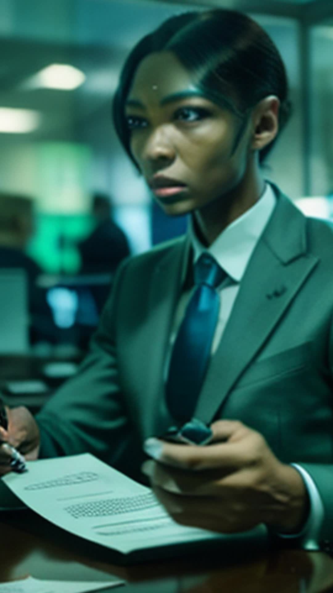 Unnoticed alien in tailored suit, subtly altering documents, wide angle, bustling cosmopolitan city office