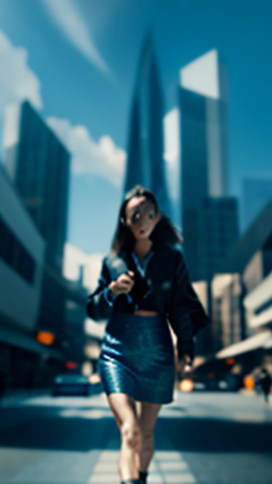 Overwhelmed Ava stumbles through crowded plaza eyes wide with shock of real emotions wide angle bustling city center with futuristic architecture