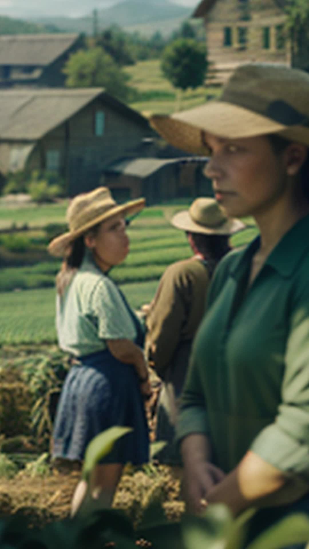 Skeptical local townspeople, watching intently, Witnessing the sudden agricultural transformation, Wide angle, Faces of locals framed against newly bloomed green fields and rustic town buildings