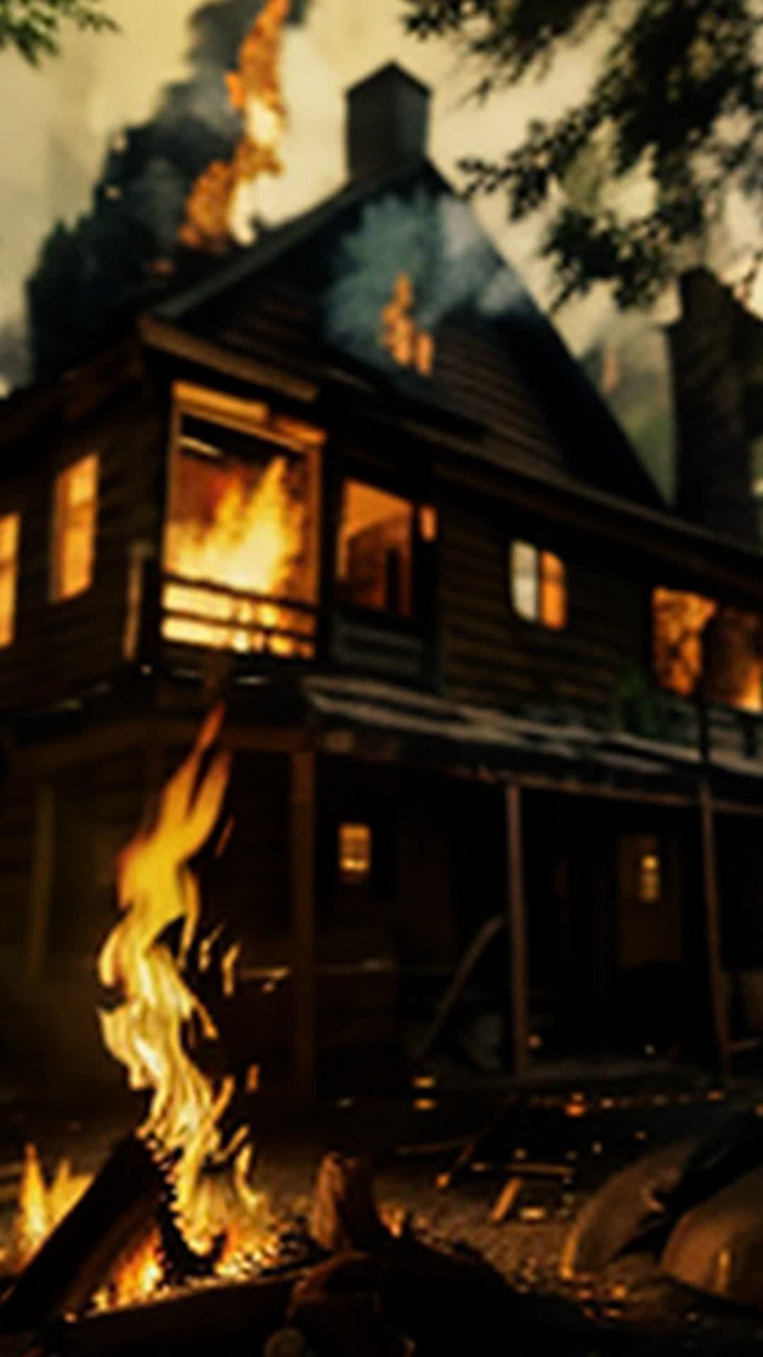 Jack in forest fire, mystic scroll in hand, marvels at artifacts, close up, cabin engulfed in flames