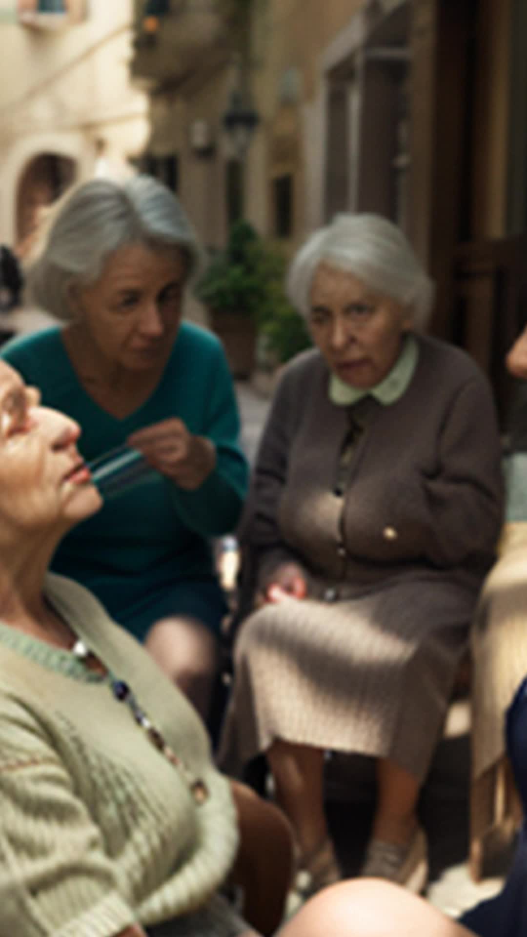 Three elderly women with knitting needles, secret investigative squad, wide angle, quaint Italian village