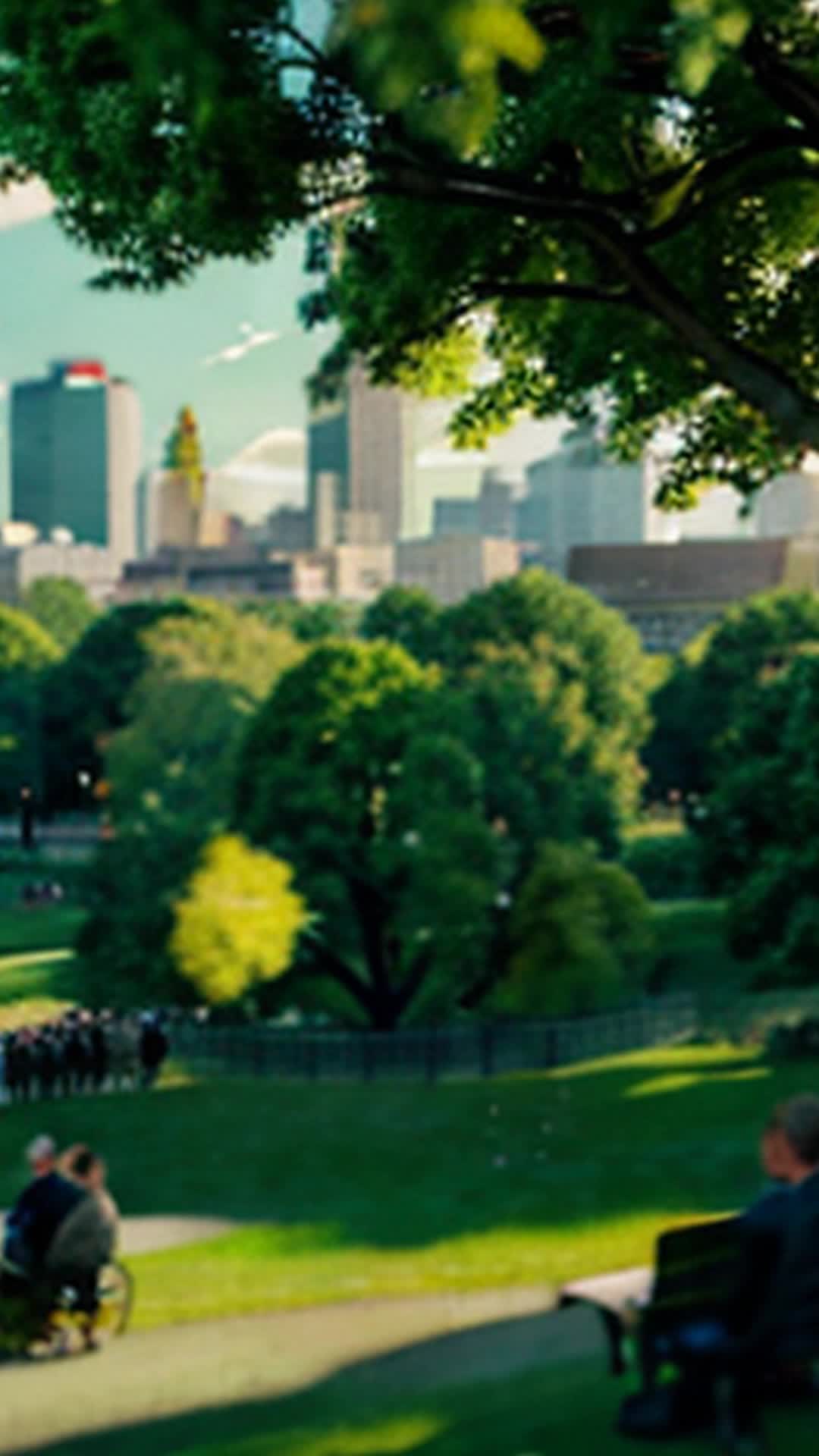 Buzzing crowd reacting to chaotic drone display, wide angle, urban park scene with scattered benches, lush green trees, and distant city skyline