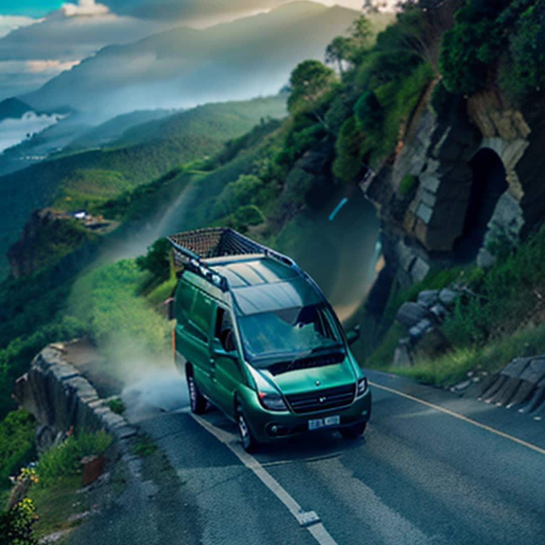 Delivery van, careful ascent along cliff, Kicks up dust clouds, FPV, Cliff edge road, distant hilltop bungalow, surrounding lush greenery