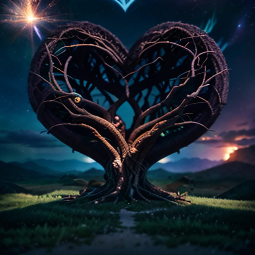 Heart tree with pulsating roots entwining trio of lovers fpv safeguarding spirits against cosmic tumult