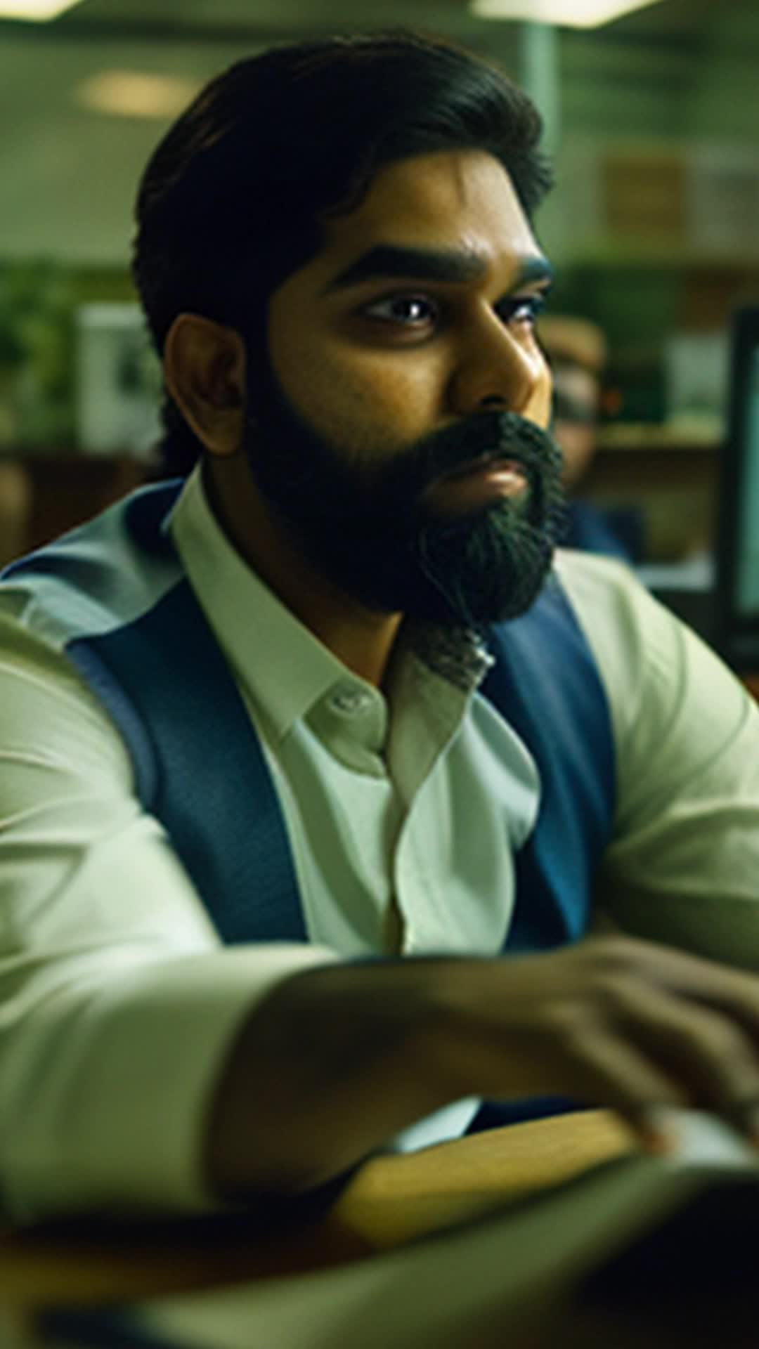 Indian software engineer Raj, neatly trimmed beard, shifts in colleagues' attitudes, historical symbols of wisdom and authority, close up, modern office setting with historical artifacts