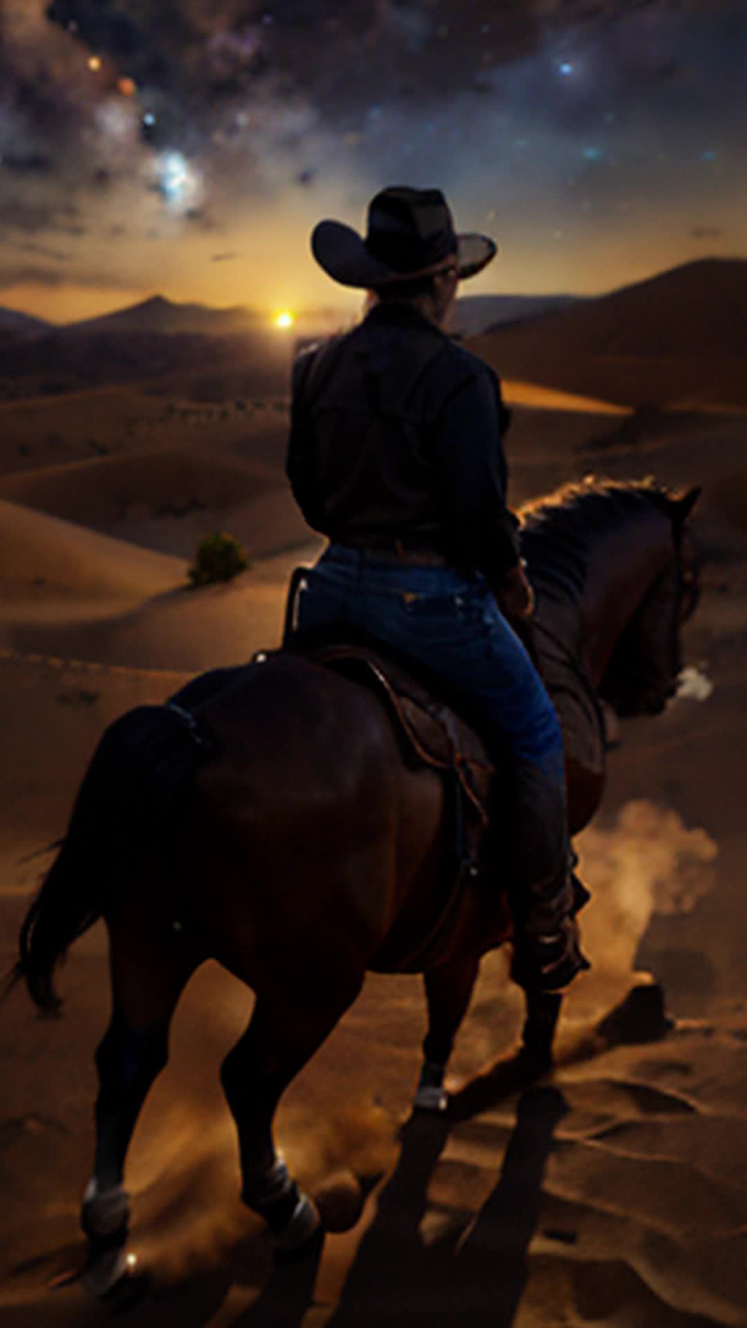 Excited guide pointing cowboy ghost legends close up radiant desert sands under starry sky