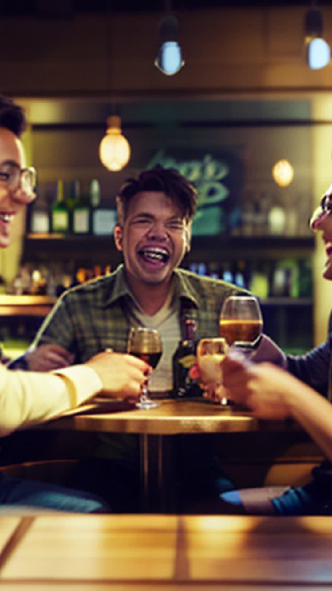 Trio of new friends share wild career stories laugh together wide angle noisy bar filled with chatter clinking glasses