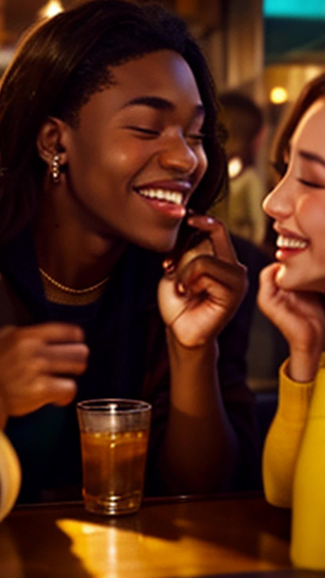 Three newfound friends make heartfelt vow meet monthly close up cozy warmly lit corner of lively downtown bar