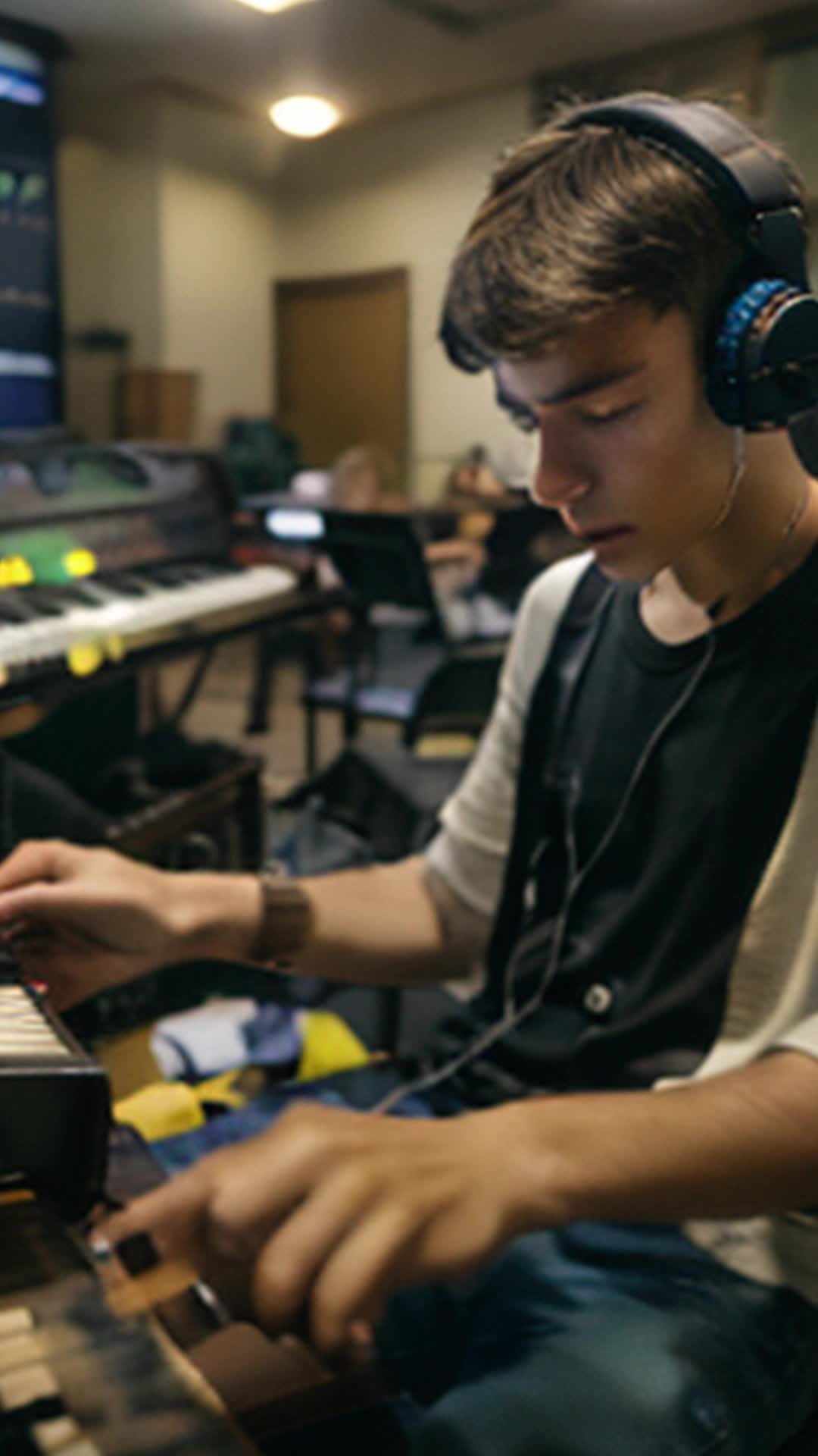 Young musician Liam creating music on a donated drum machine wide angle bustling community center