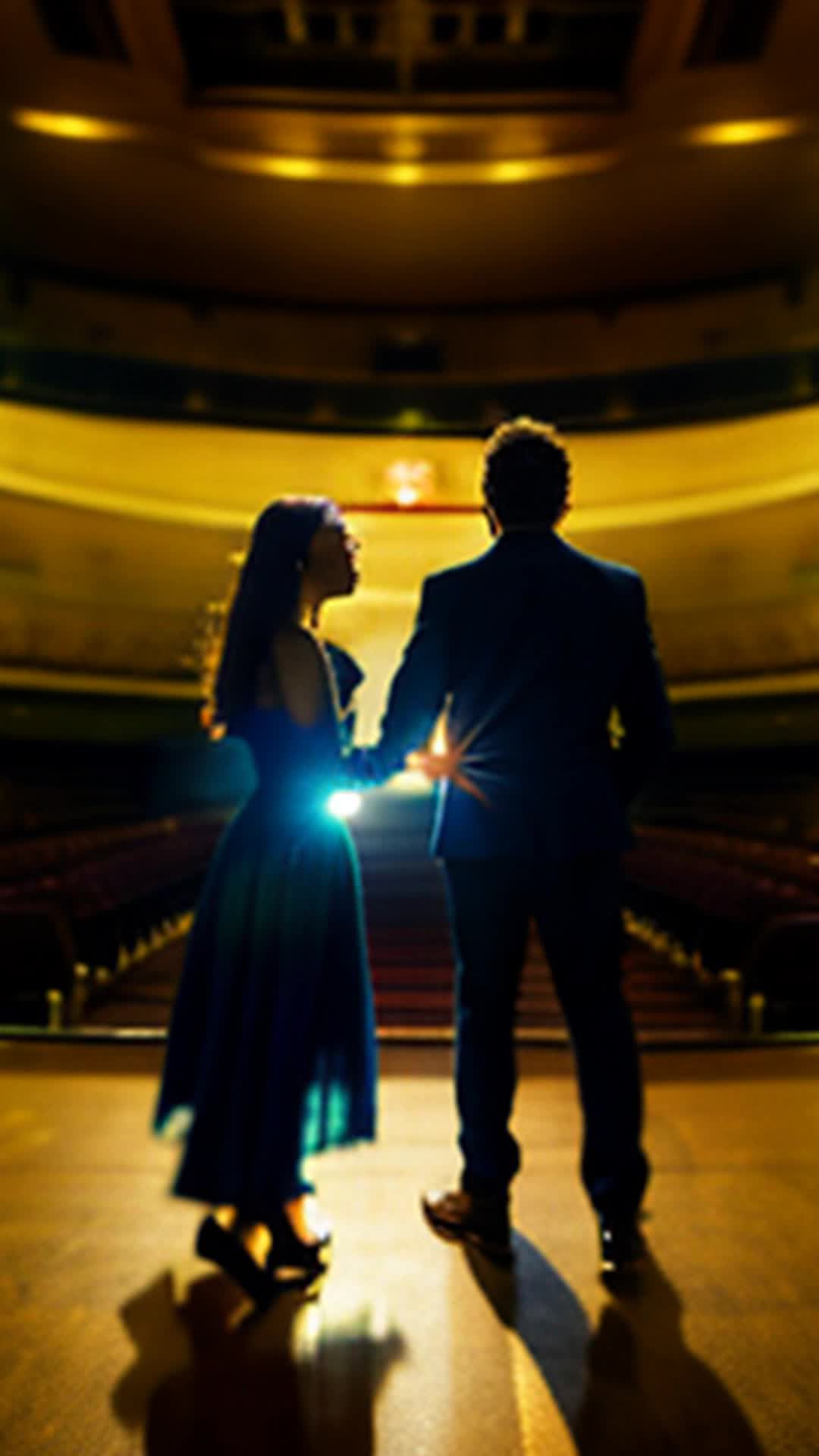 Proud couple standing together as curtain rises wide angle auditorium revealing vibrant young performers