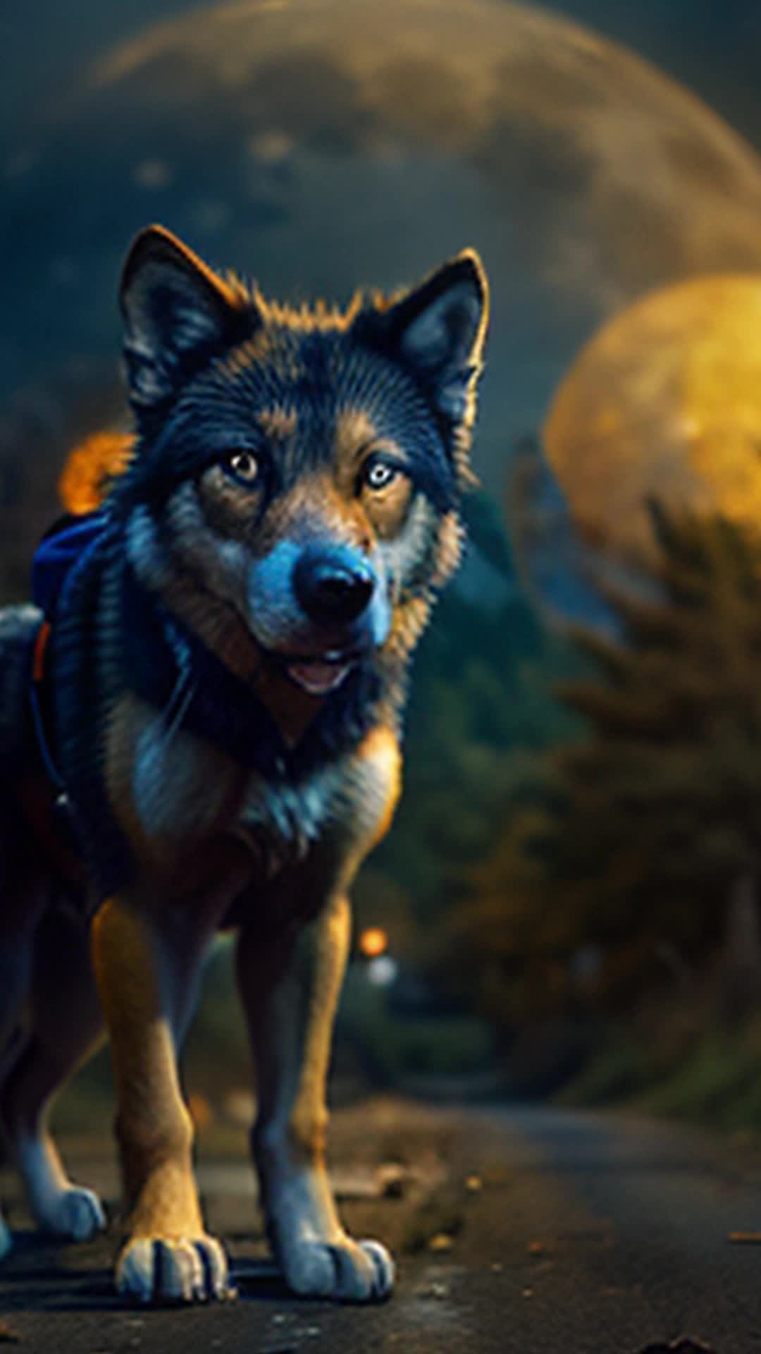 Glowing-eyed wolf, paws thudding on damp earth, eyes fixed on full moon, ensuring hiker's pace, wide angle, rare moon alignment with autumn equinox in background