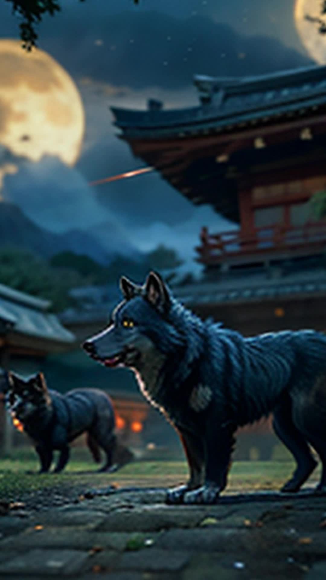 Spectral wolves prowling vigilantly, eyes glowing, tails synchronizing with otherworldly chorus, Wide angle, Dense Japanese forest with ancient Shinto shrine under harvest moon