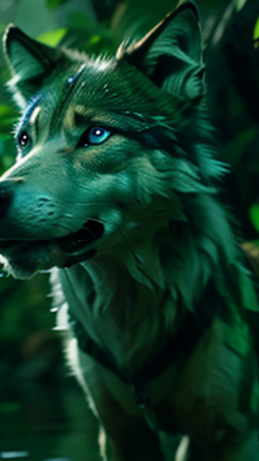 Emerald-eyed wolf howling confidently, Weary grateful tribe following, Concealed freshwater spring, Wolf leading to water, Wide angle, Lush rainforest setting, vibrant greenery surrounding hidden spring