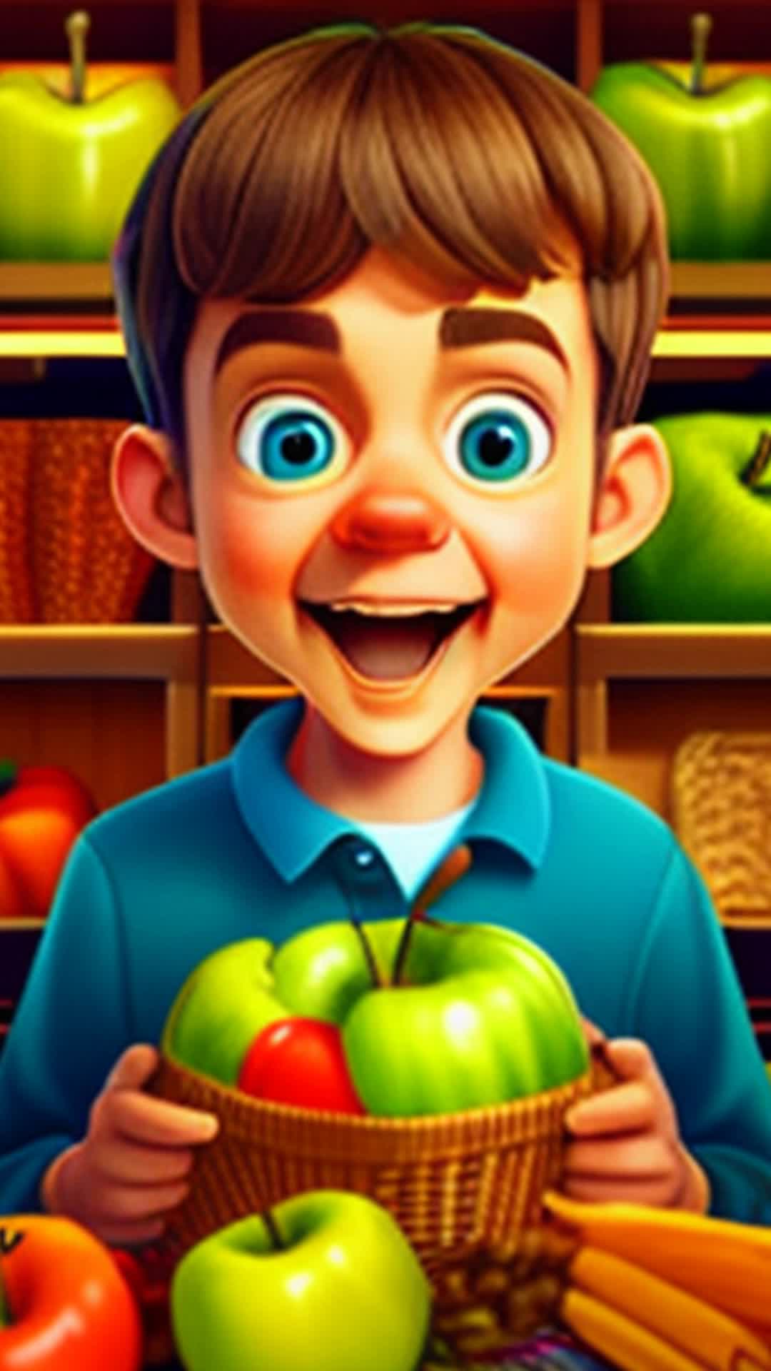 Liam with eyes wide in excitement scans for apples glides past cereal stacks grabs green apple places in basket close up colorful cereal boxes and fresh produce