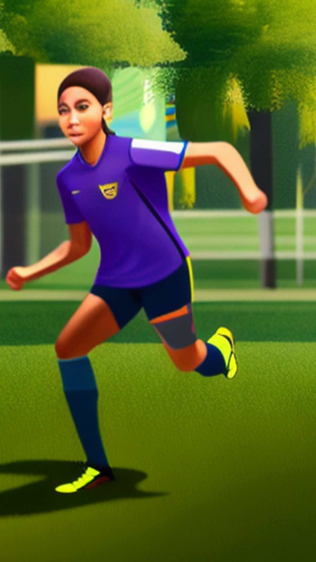 Zoe in athletic gear sprinting fiercely intercepting soccer ball close up grassy park with trees