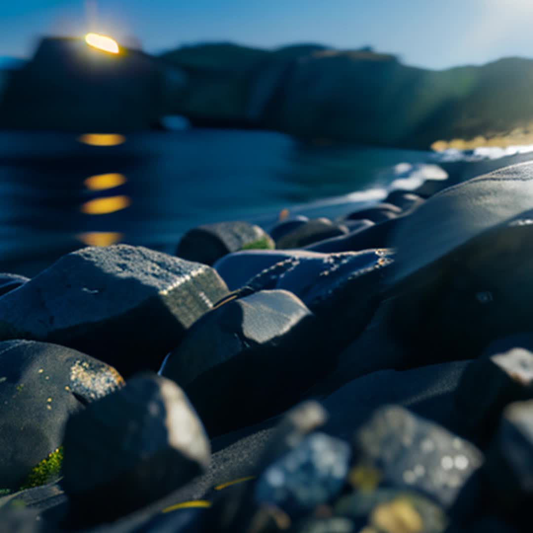 Distant headlights approaching boy waving frantically fpv sound of lapping waves rocky shore below