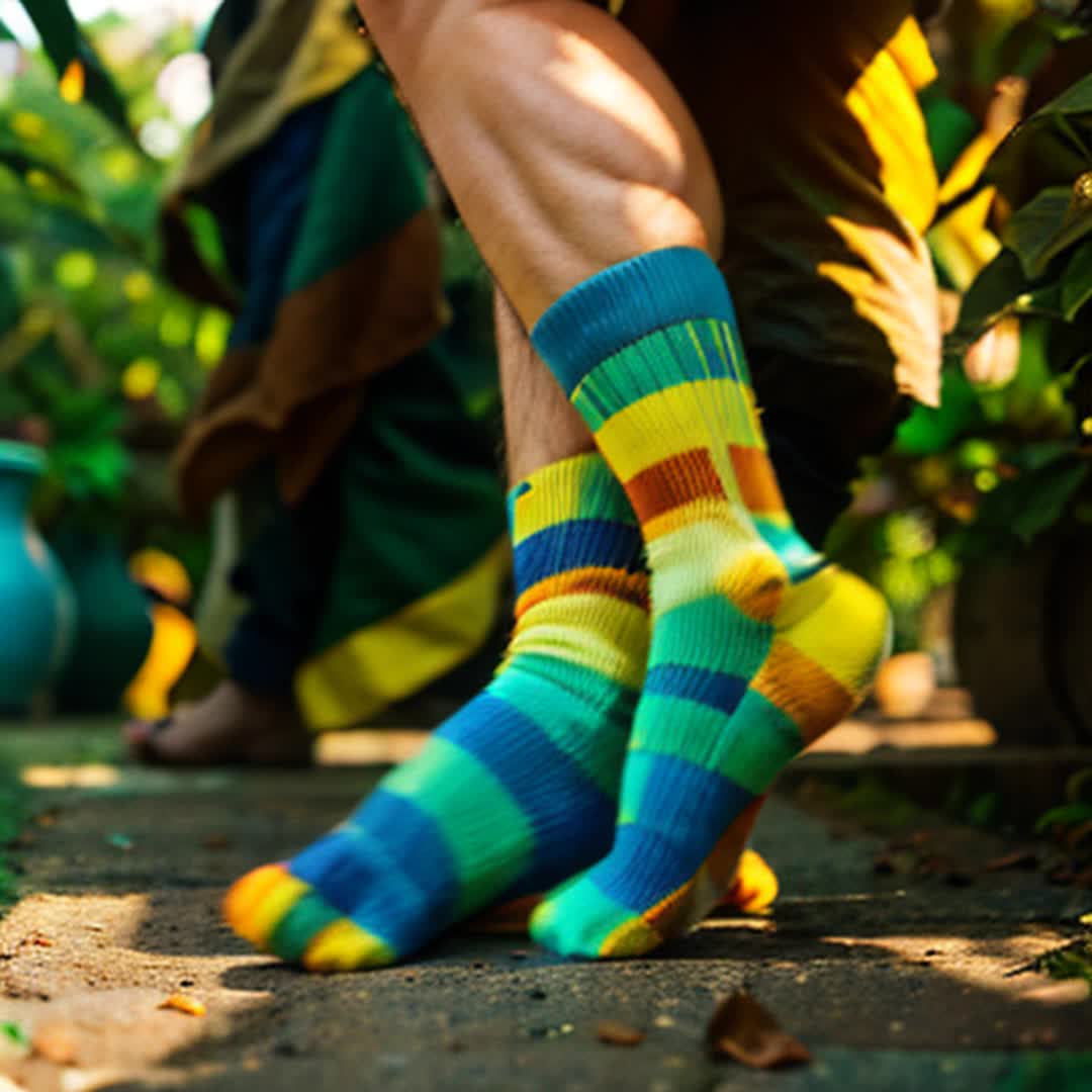 Colorful socks of Leo, Capturing attention with vivid colors, Close up, Onlookers at Goa bungalow garden in morning light