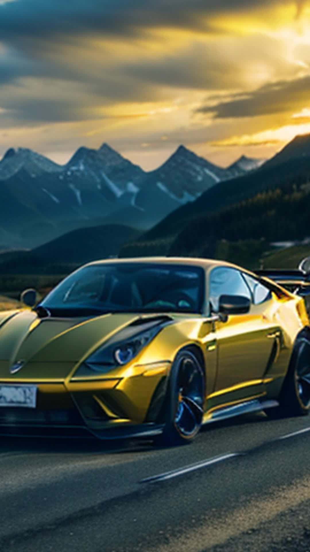 Sleek supercar speeding down open highway wide angle sun setting behind mountains casting golden glow on the road