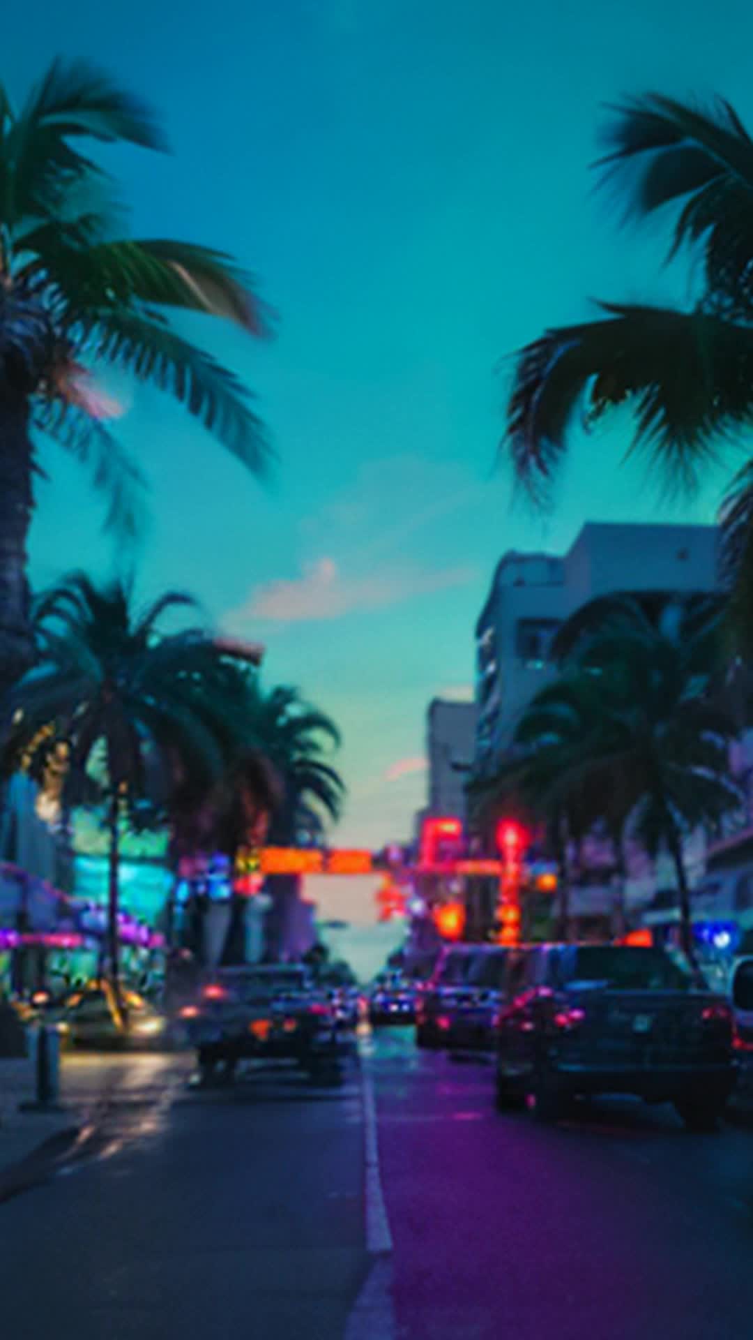 Neonlit Miami street Vibrant pink blue lights flashing Wide angle Retrofuturistic vaporwave aesthetic bustling nightlife palm trees glowing signs in the backdrop