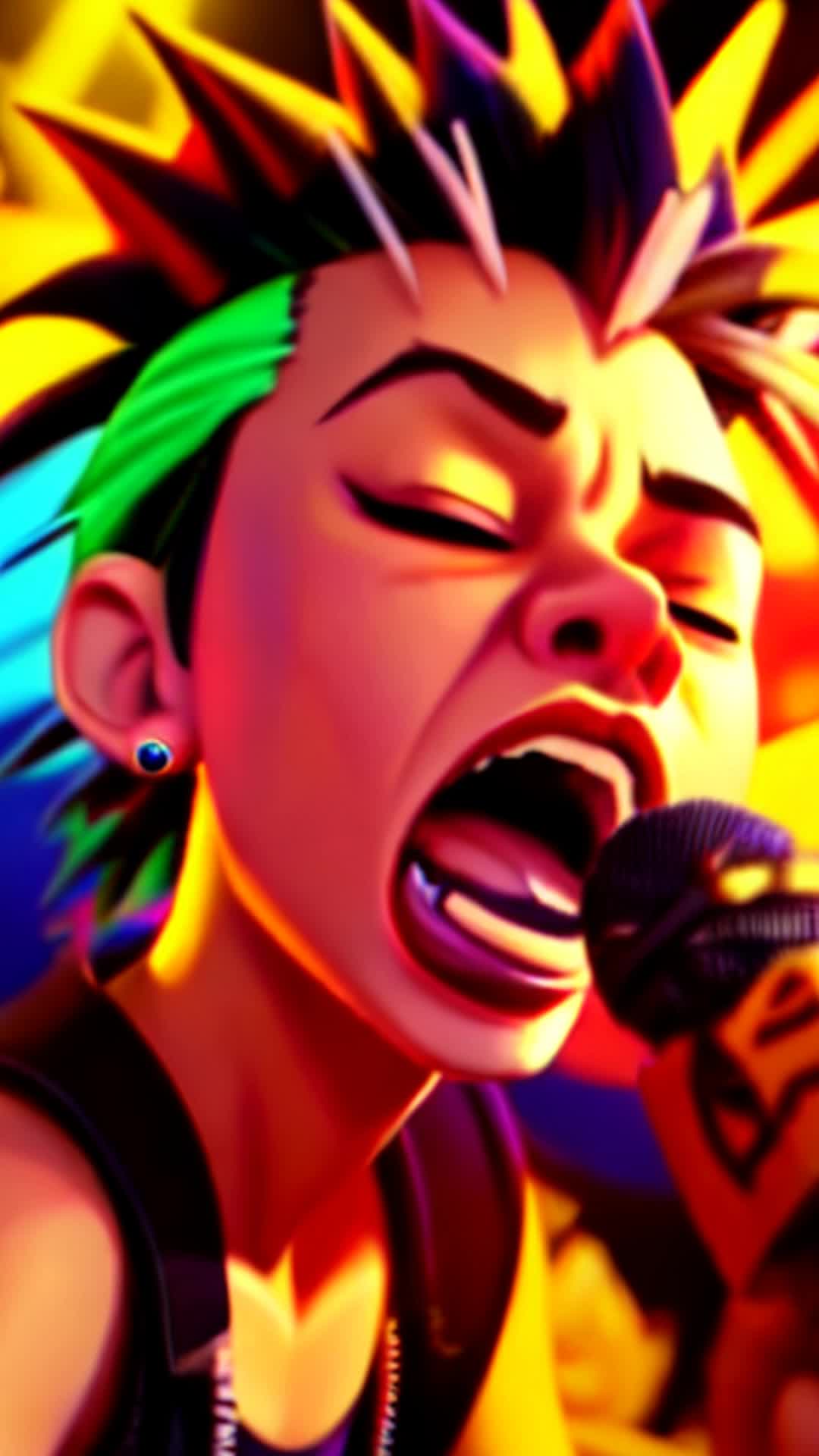 Spikyhaired punk singer screaming into mic extreme close up neonlit club graffiticovered walls pulsating crowd energetic lights flashing