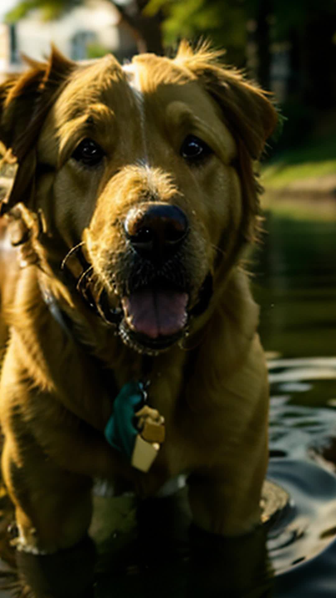 Golden retriever playing fetch wide angle l