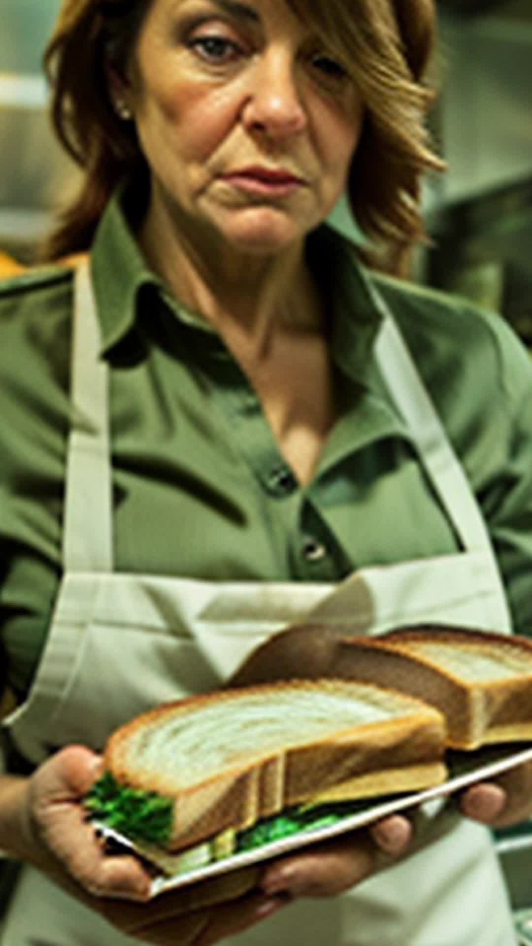 Middleaged woman preparing sandwiches glances up unamused close up Subway counter vibrant fresh ingredients neatly organized