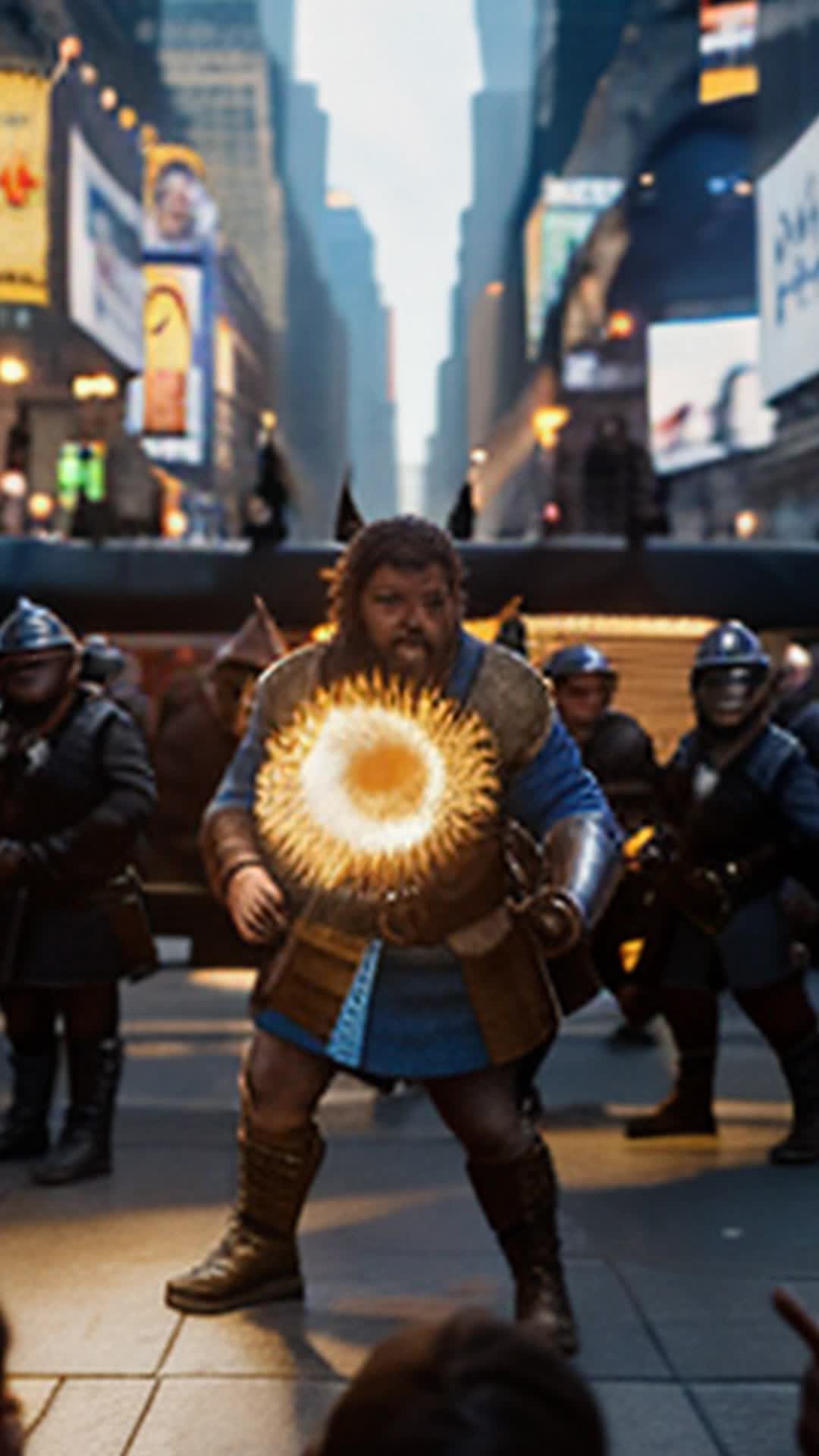 A group of adventurers Dungeons and Dragons have just exited a time portal and are standing in time square in 2024 They are being attacked a grizzled warrior removes the head of an NYPD officer  The crowd is stunned  