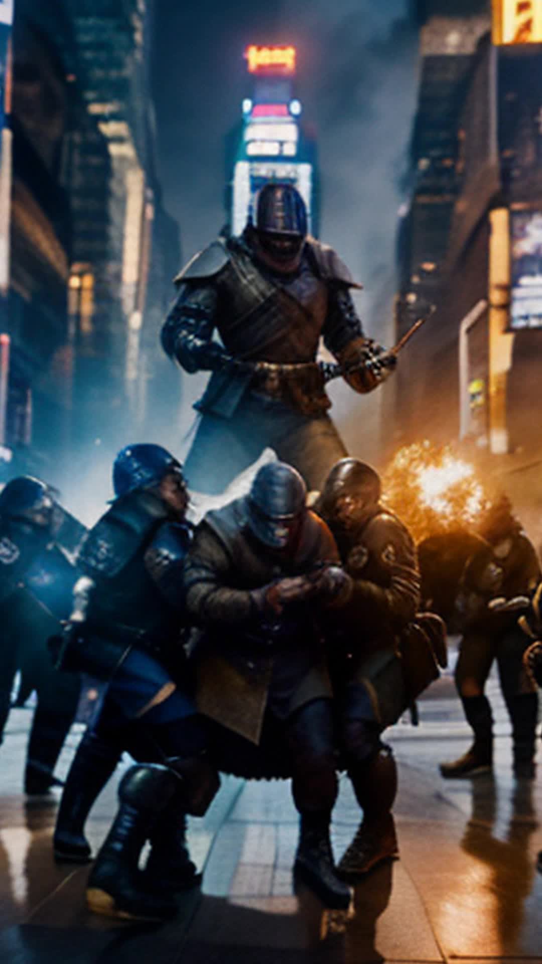 A group of adventurers Dungeons and Dragons have just exited a time portal and are standing in time square in 2024 They are being attacked a grizzled warrior removes the head of an NYPD officer  The crowd is stunned  