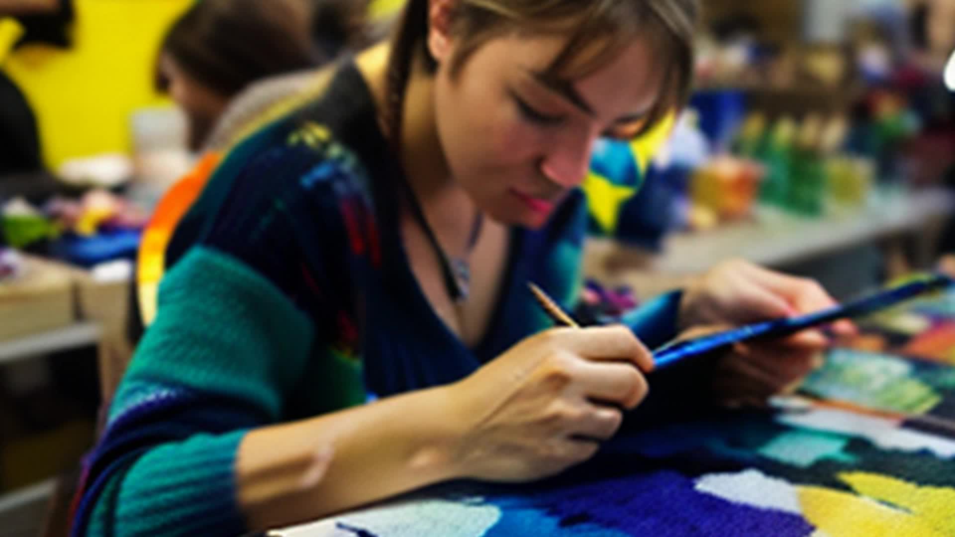 Jamie at colorful craft fair rapidly sketching vibrant patterns with puffy paint on plain sweater close up bustling craft fair