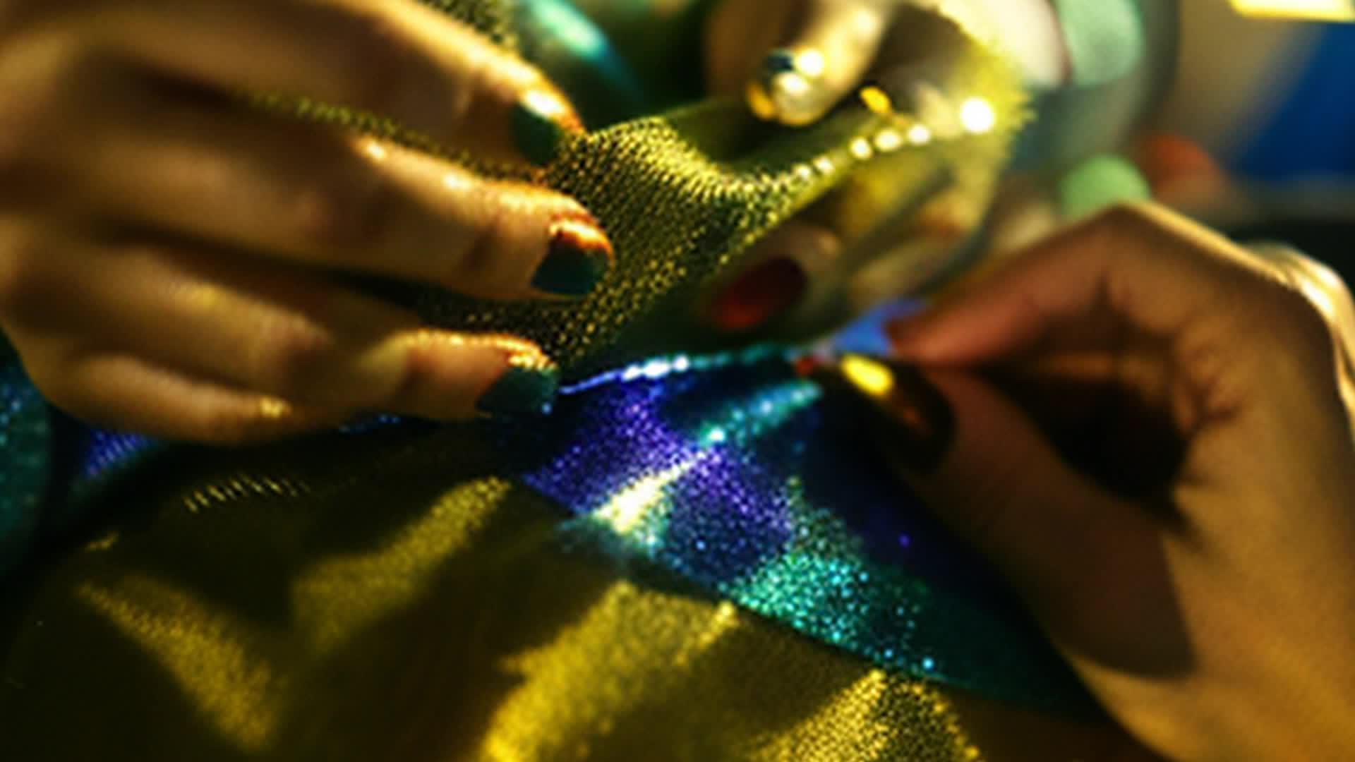 Jamie meticulously applying glittering gems to sweater each placement precise and intentional close up vibrant craft fair