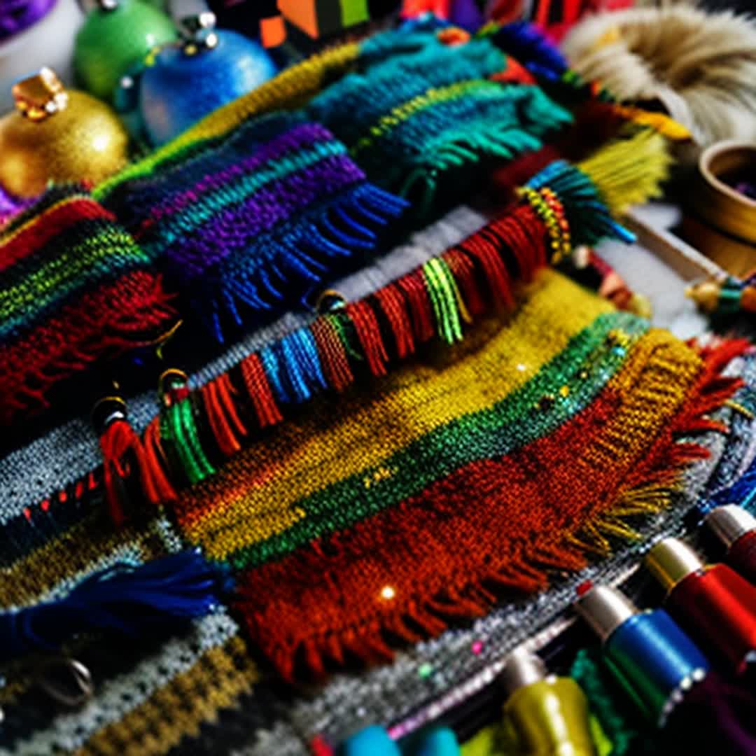 Two vibrant sweaters adorned with puffy paint gemstones glitter fringe tassels Crafting in progress detailed stitchwork bedazzling Wide angle brightly lit cozy crafting room scattered art supplies textiles vibrant colors