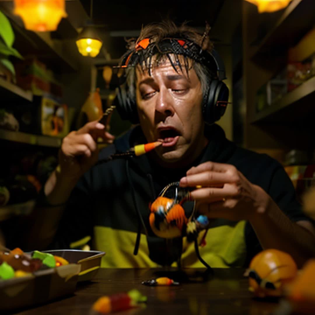 A red and black spider toy sits harmlessly on top of a mans head The man was enjoying some delicious candy corn and the toy spider only wanted some, too