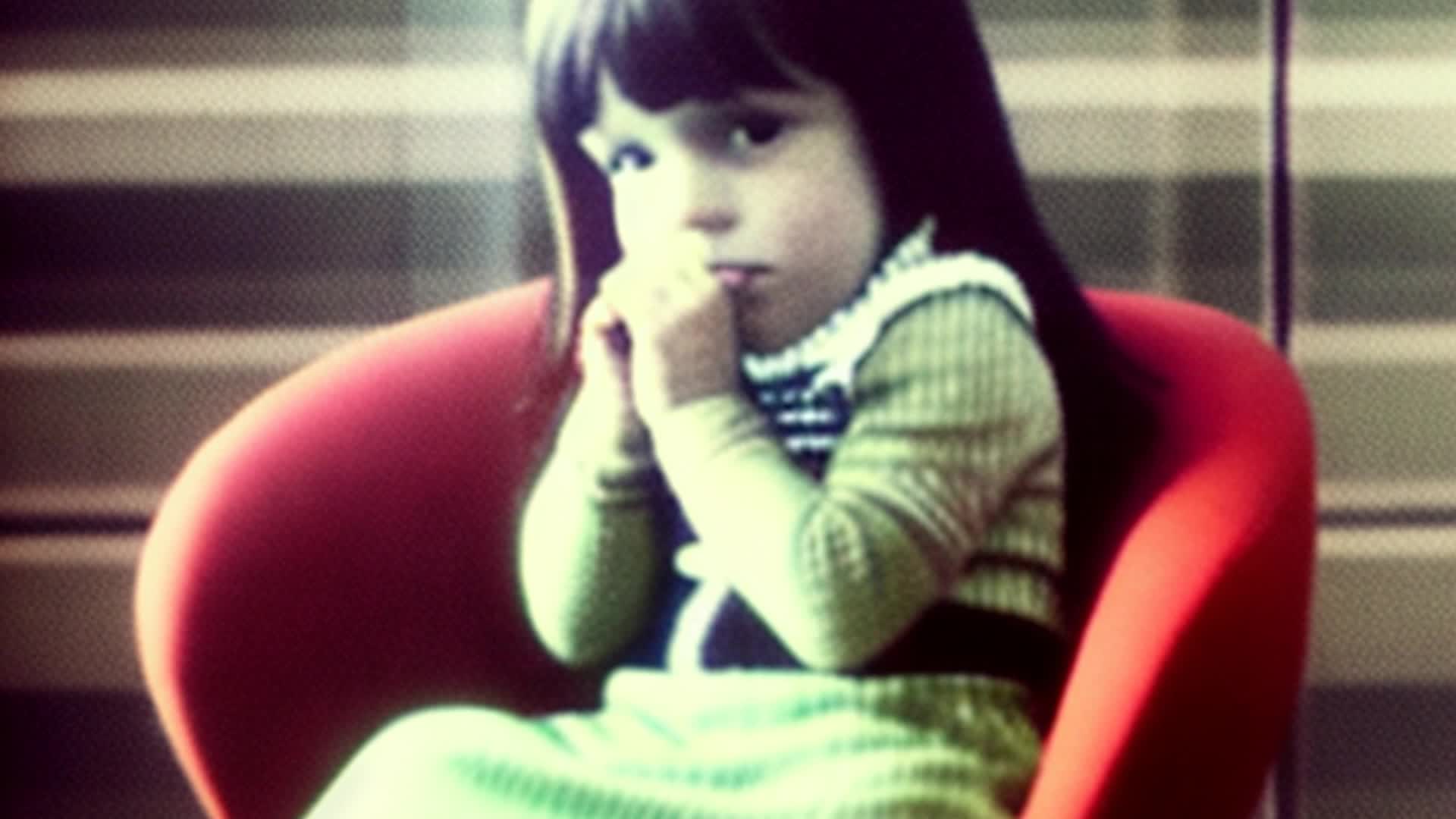 sad little girl sitting in a pink chair