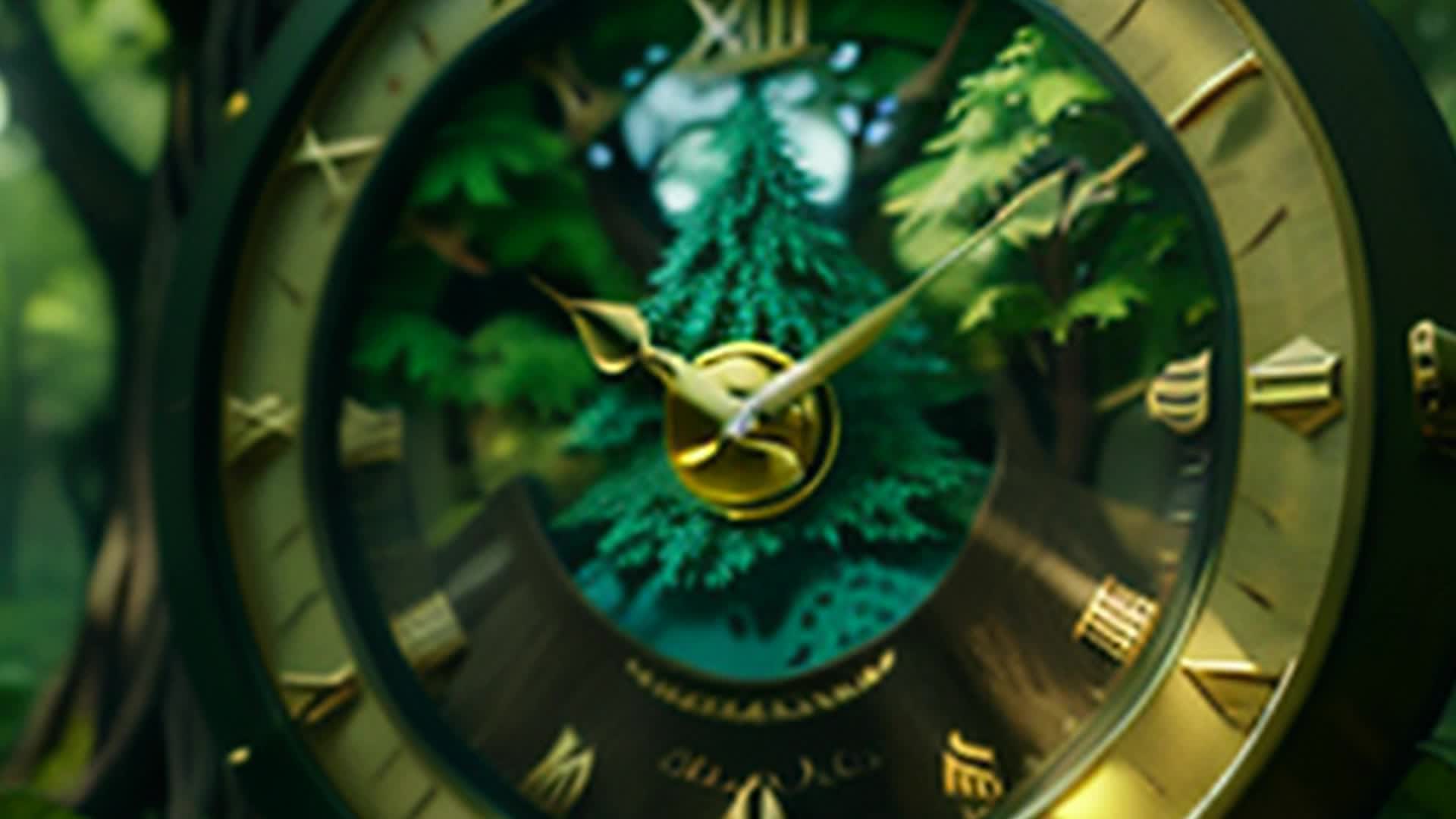 Giant clock with whimsical mustache ticking rhythmically close up enchanted forest surrounded by tall, glowing trees and mystical creatures