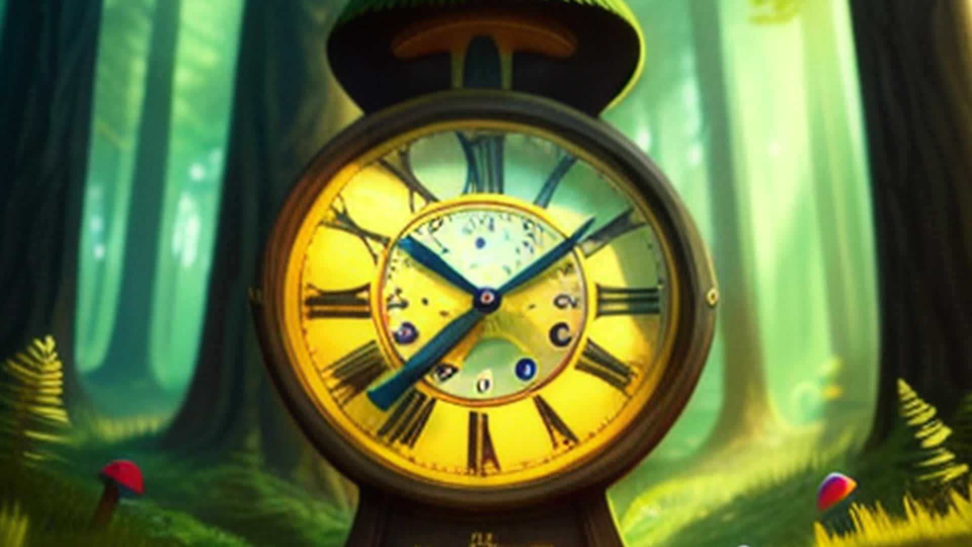 Giant clock with whimsical mustache ticking rhythmically close up enchanted forest surrounded by tall, glowing trees and mystical creatures