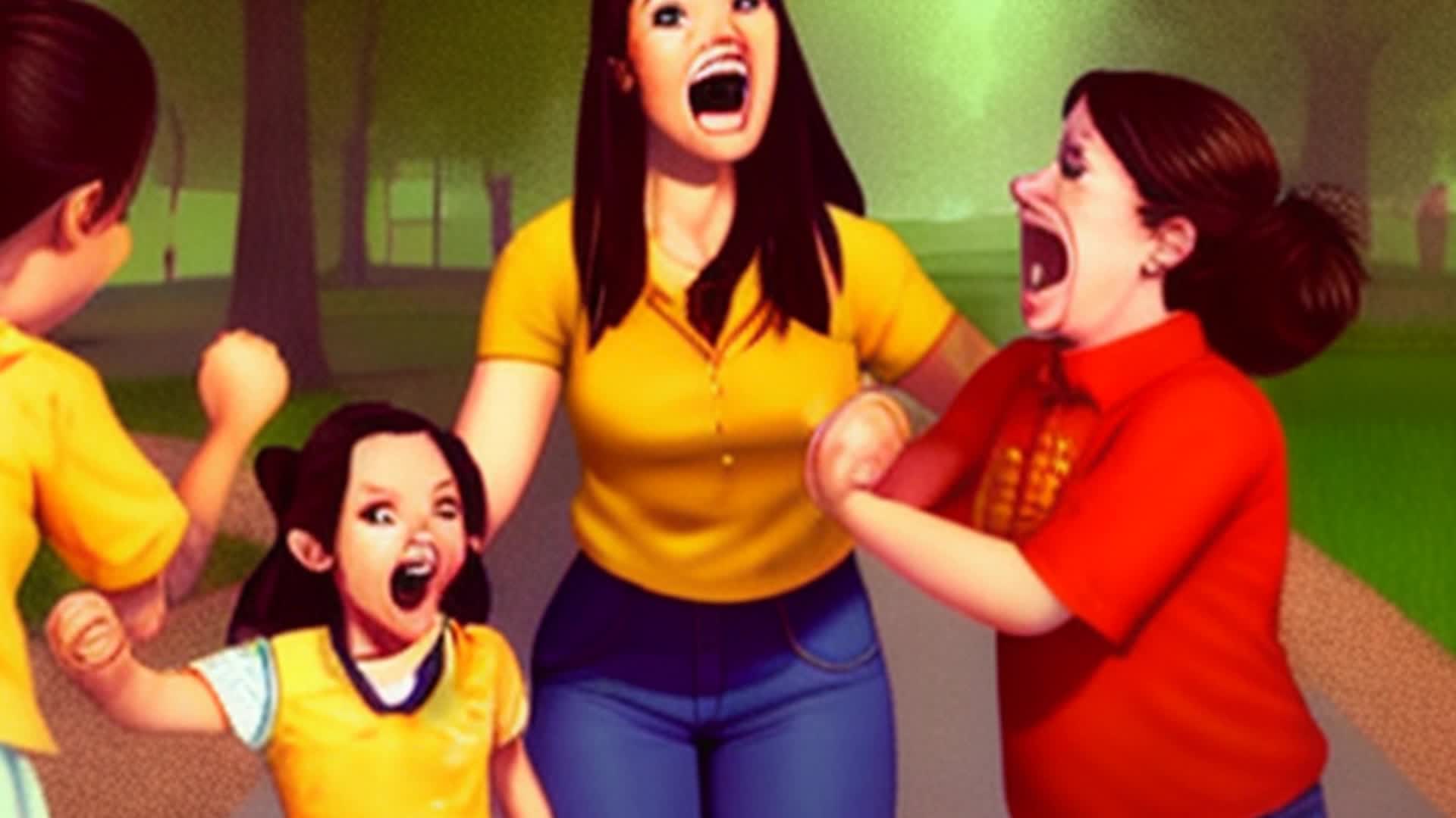 a little brunette girl fighting with her blonde mother and brunette father