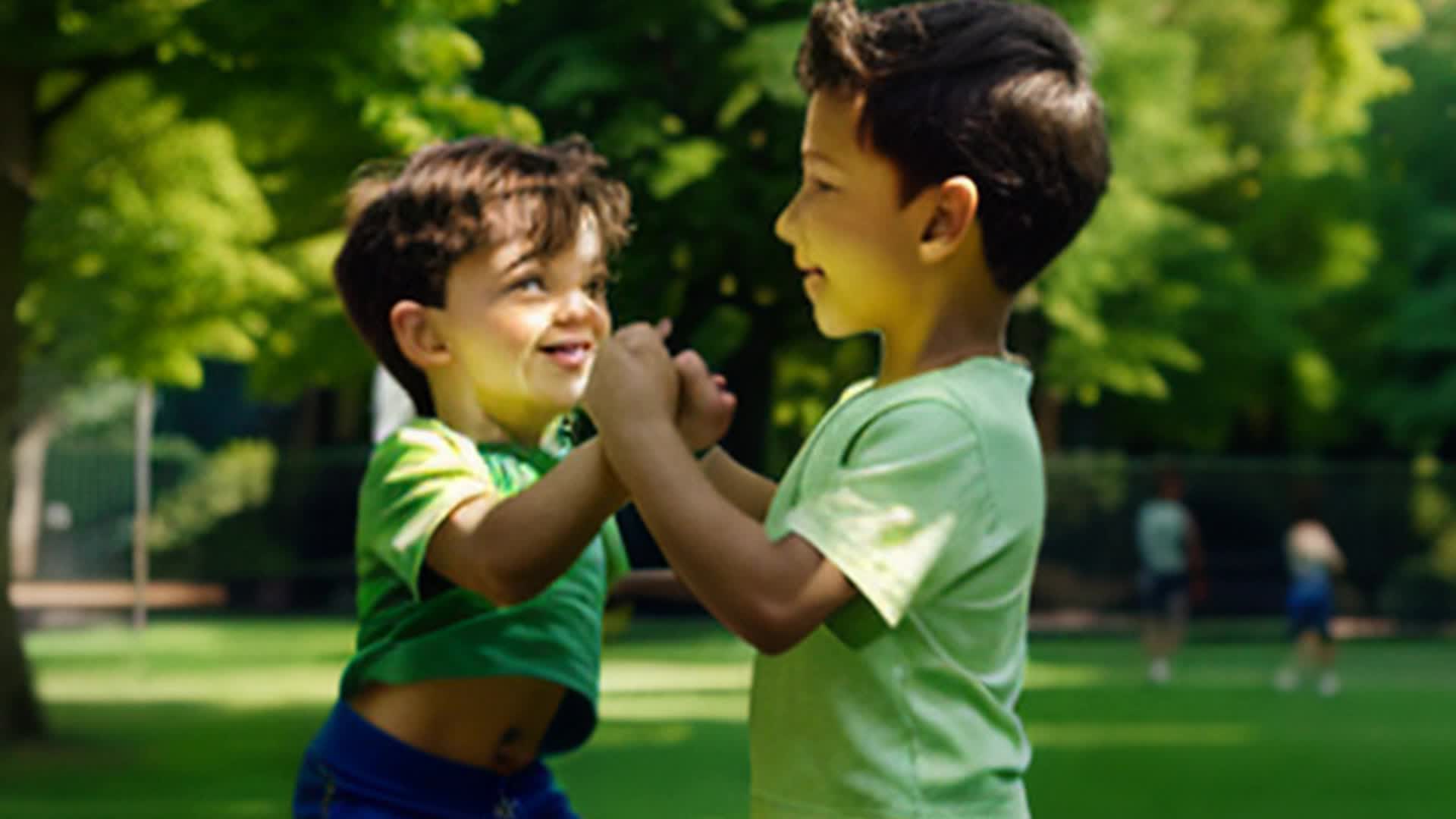 Two little brunette boys wrestling energetic little brunette girl wide angle lush green park with tall trees nearby sunny day shadows dancing ground